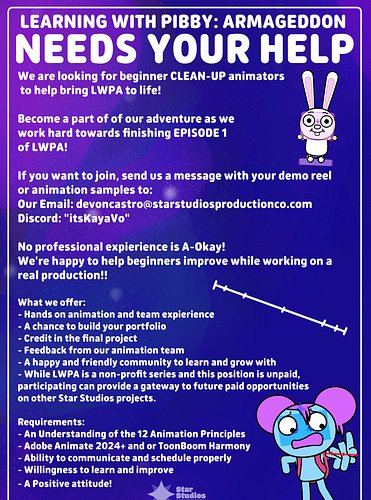 WE ARE SEARCHING FOR CLEAN-UP ANIMATORS!

Please review this image for more information, and contact us for more info! Please...