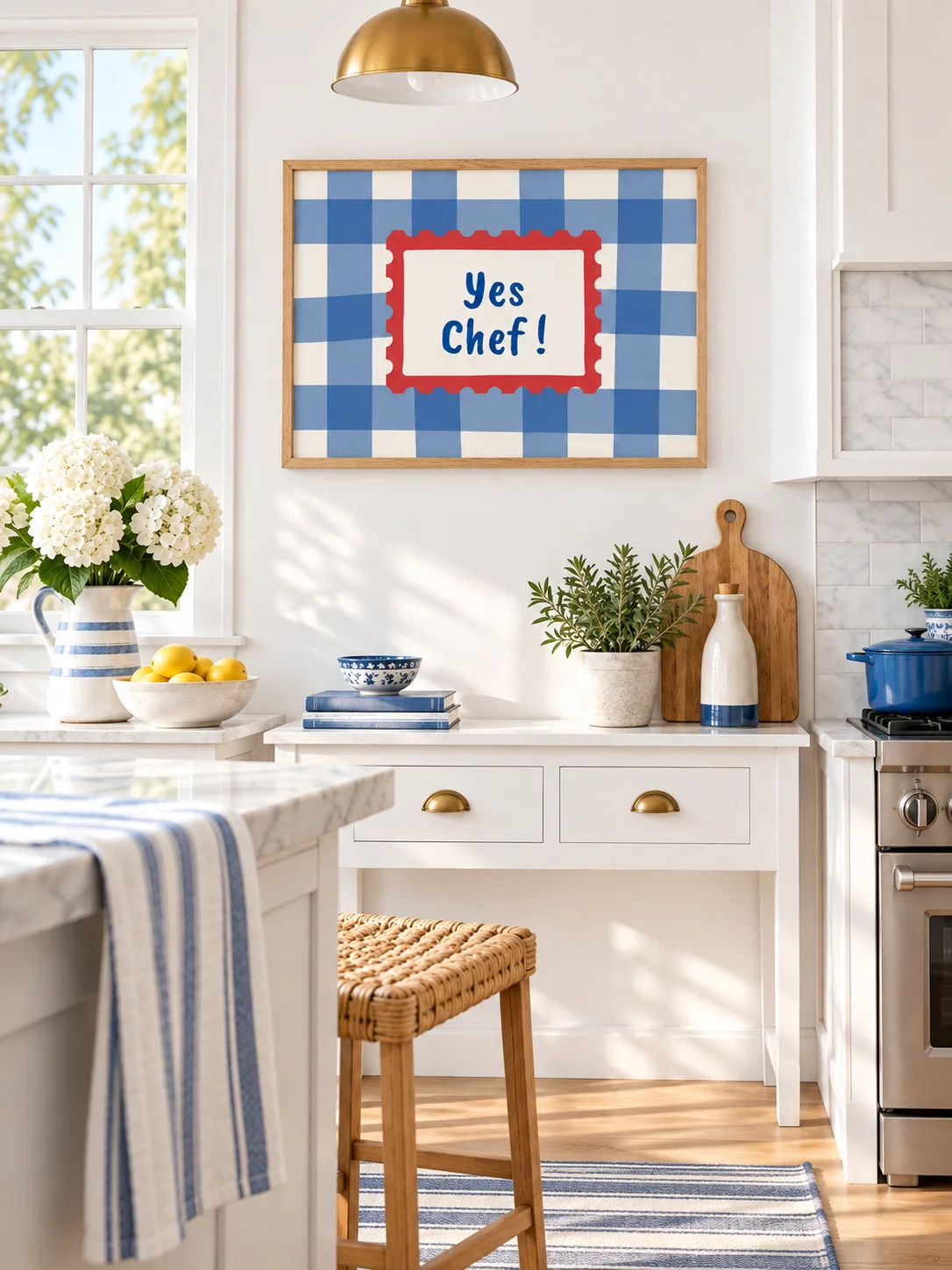 Yes Chef Kitchen Wall Art | Blue Gingham Cooking Quote | Retro Checkered Printable Poster product image (1)