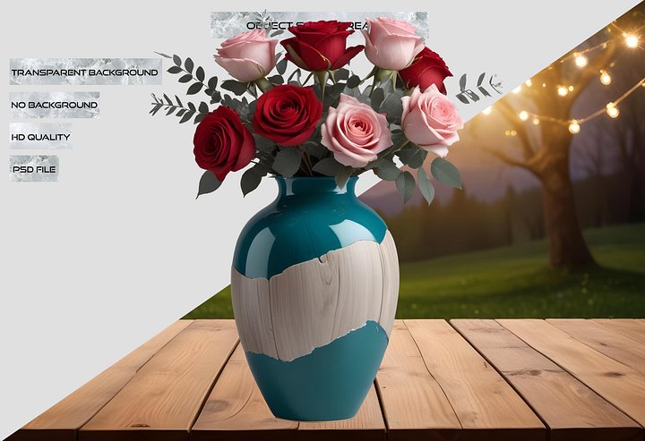Romantic Teal and Wood-Textured Vase with Roses PNG product image (2)