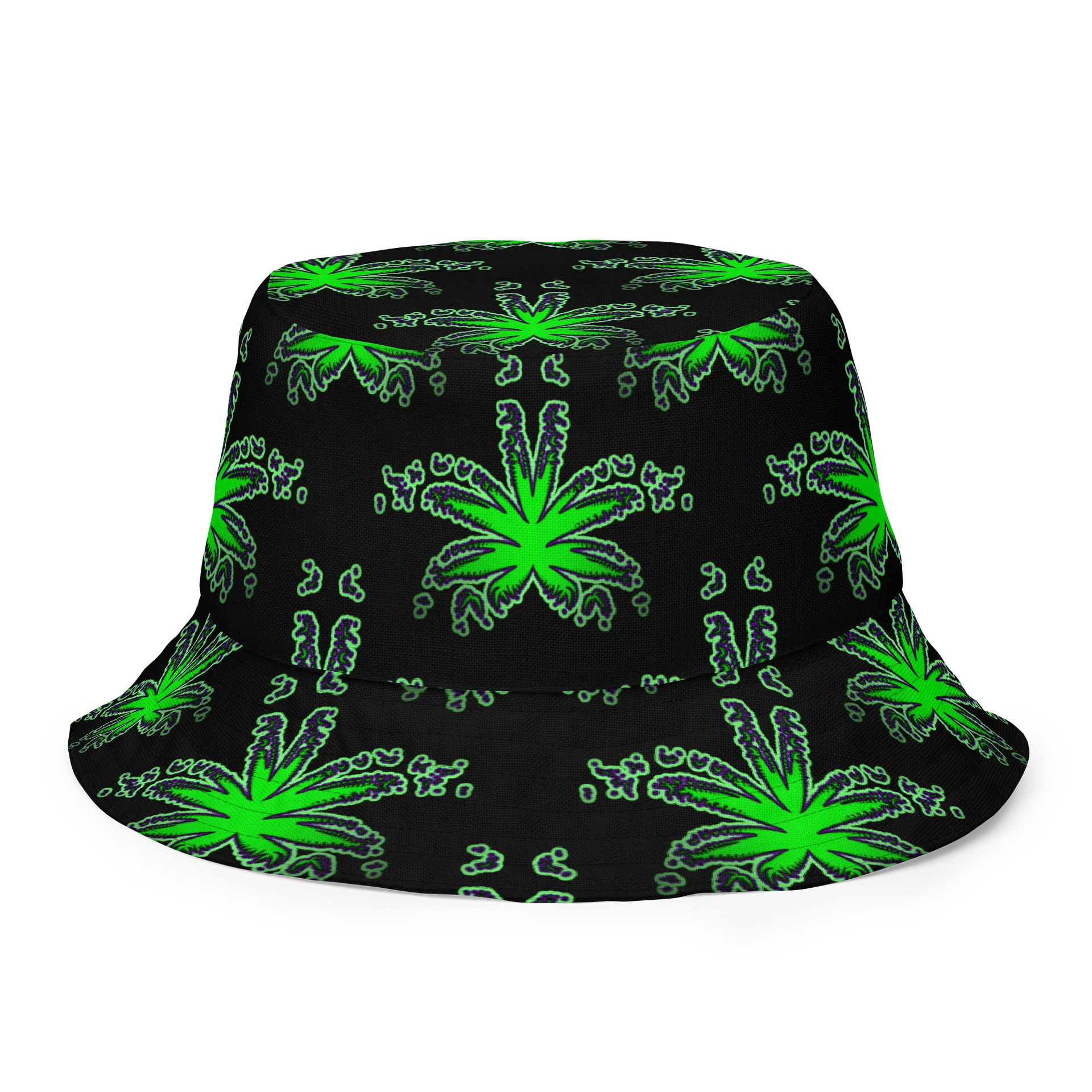 Cannabis Reversible Bucket Hat, 420 Rave Stoner Accessory, Pot Leaf Pattern Festival Fashion, Black Neon Green Purple Weird Weed Art product image (1)