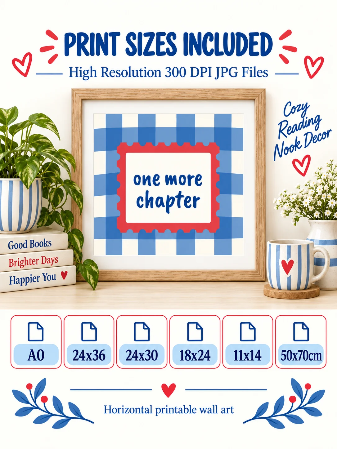 One More Chapter Printable Wall Art | Book Lover Quote Poster | Reading Nook Decor | Blue Gingham Literary Download product image (4)