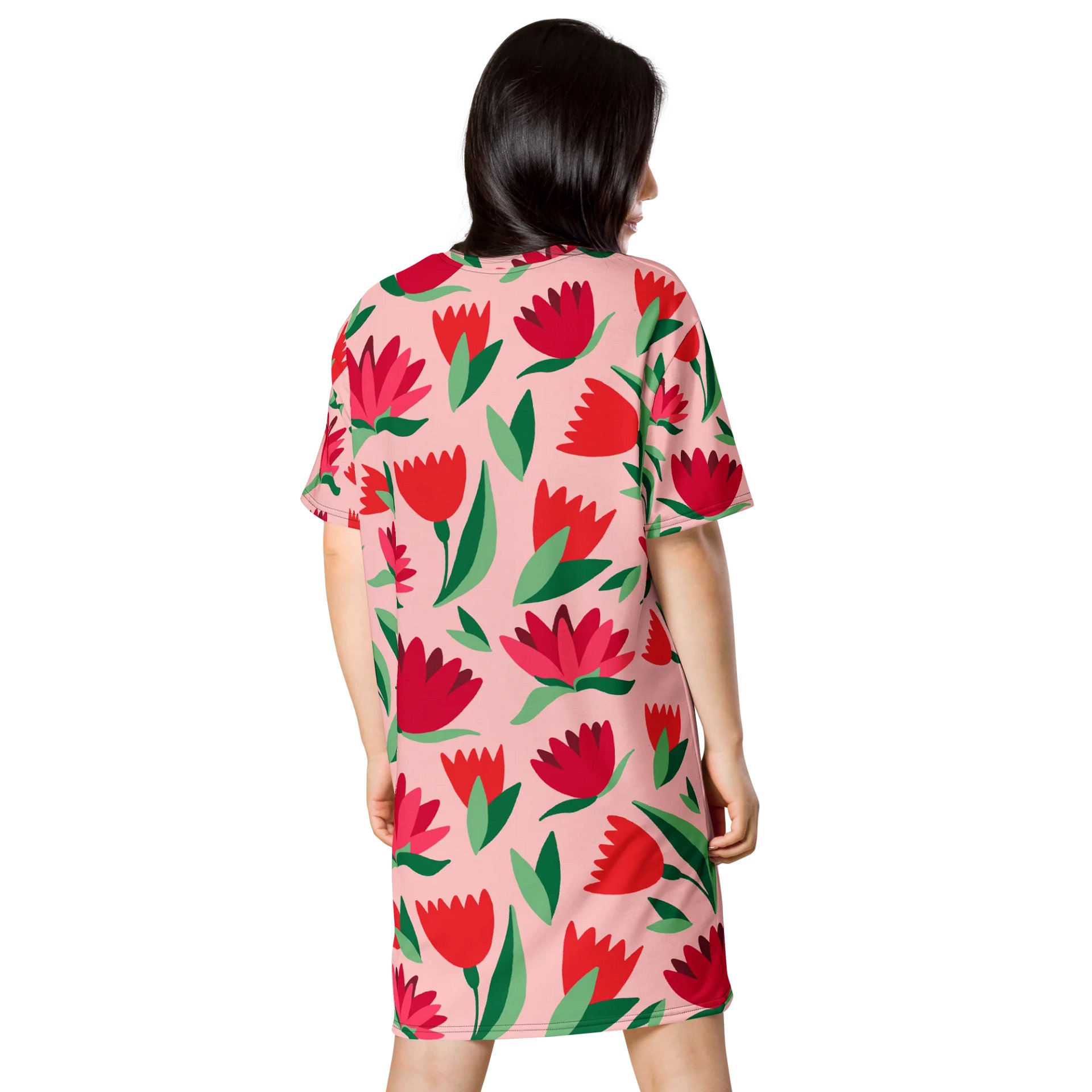 Vibrant Pink Floral T-Shirt Dress - Oversized Trendy Design | TDSMUSIC.com product image (2)
