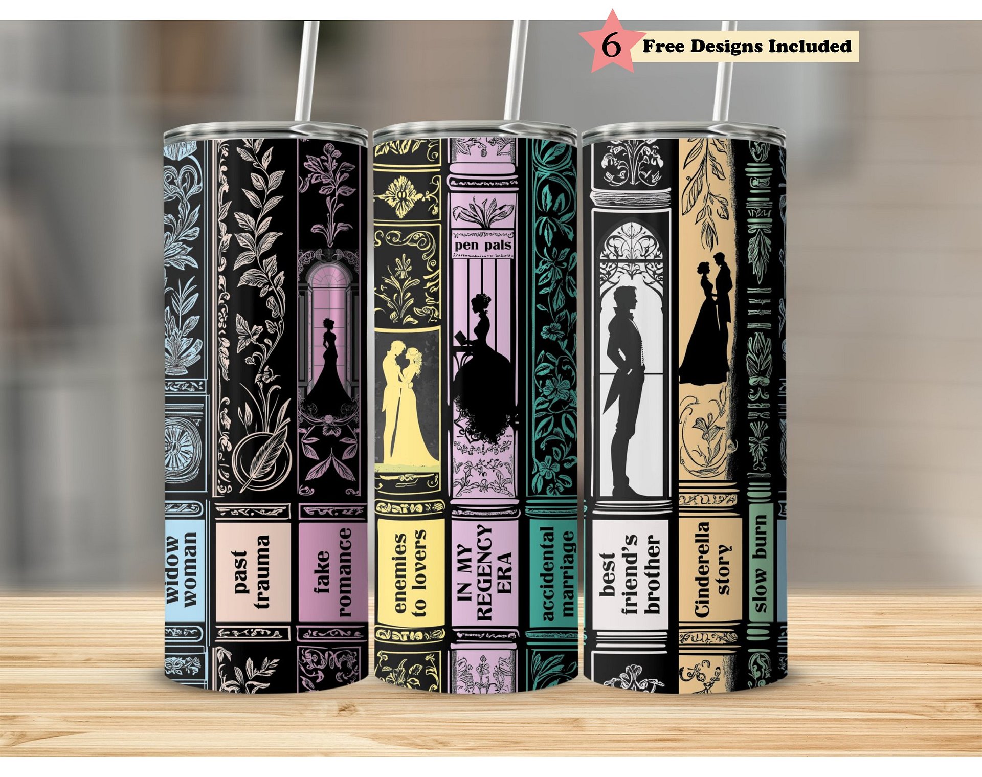 Regency Romance Era Book Tropes Bookish Spine 20oz Full Wrap Tumbler PNG, Enemies To Lovers Seamless Sublimation Design, Digital Download product image (1)
