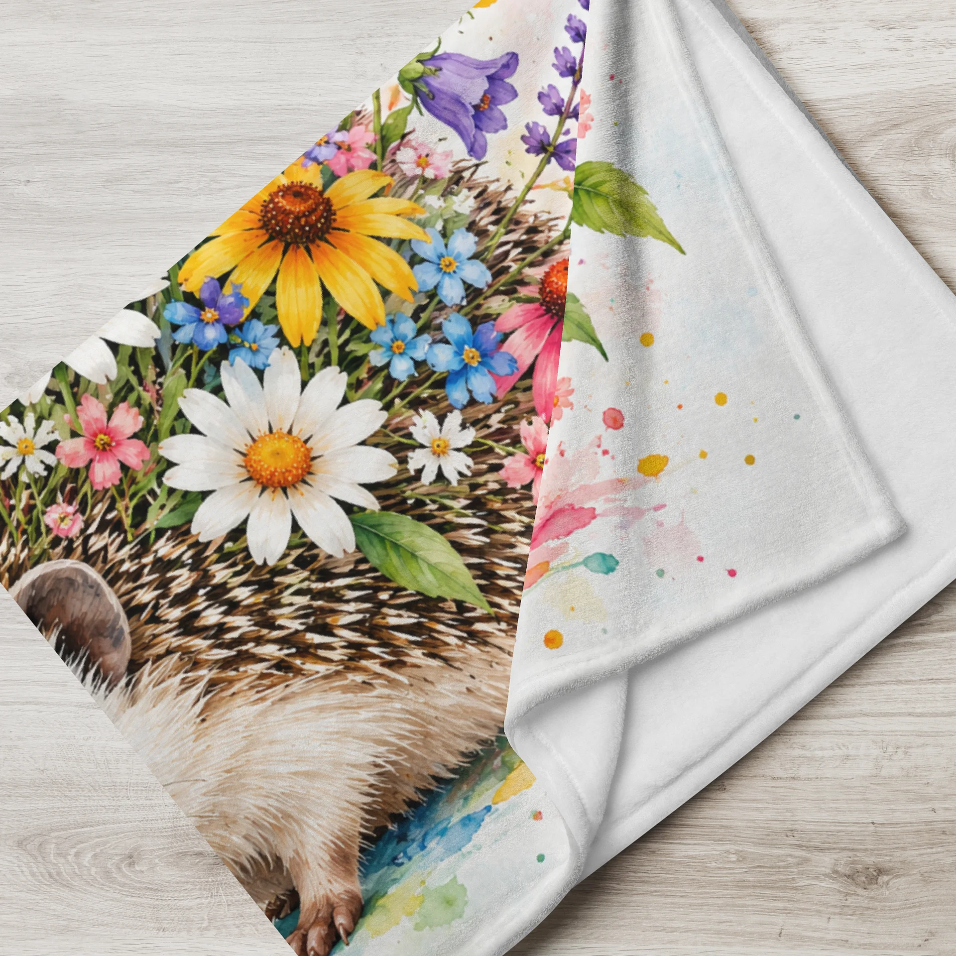 Hedgehog in Bloom – Whimsical Floral Throw Blanket product image (2)