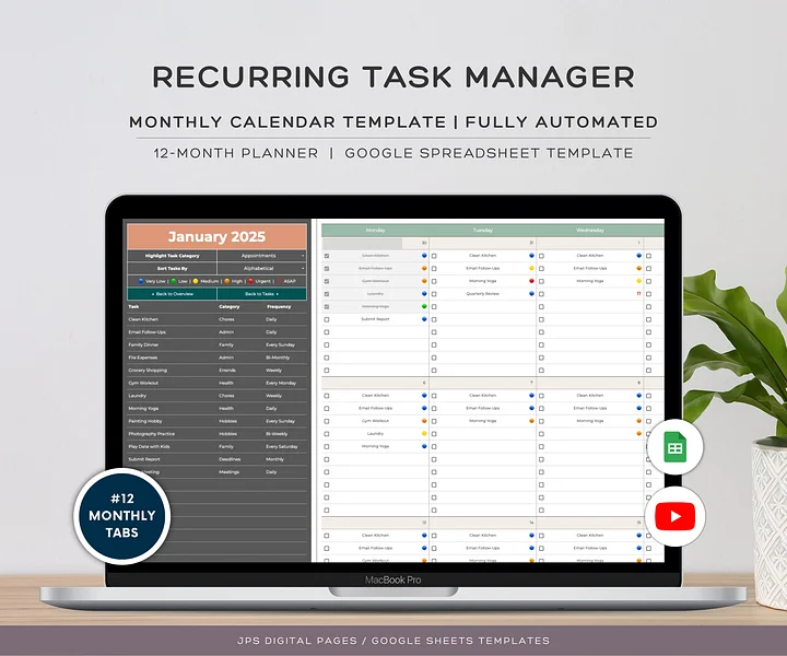 Recurring Task Manager, Google Sheets Template, Dynamic Monthly Calendar product image (1)
