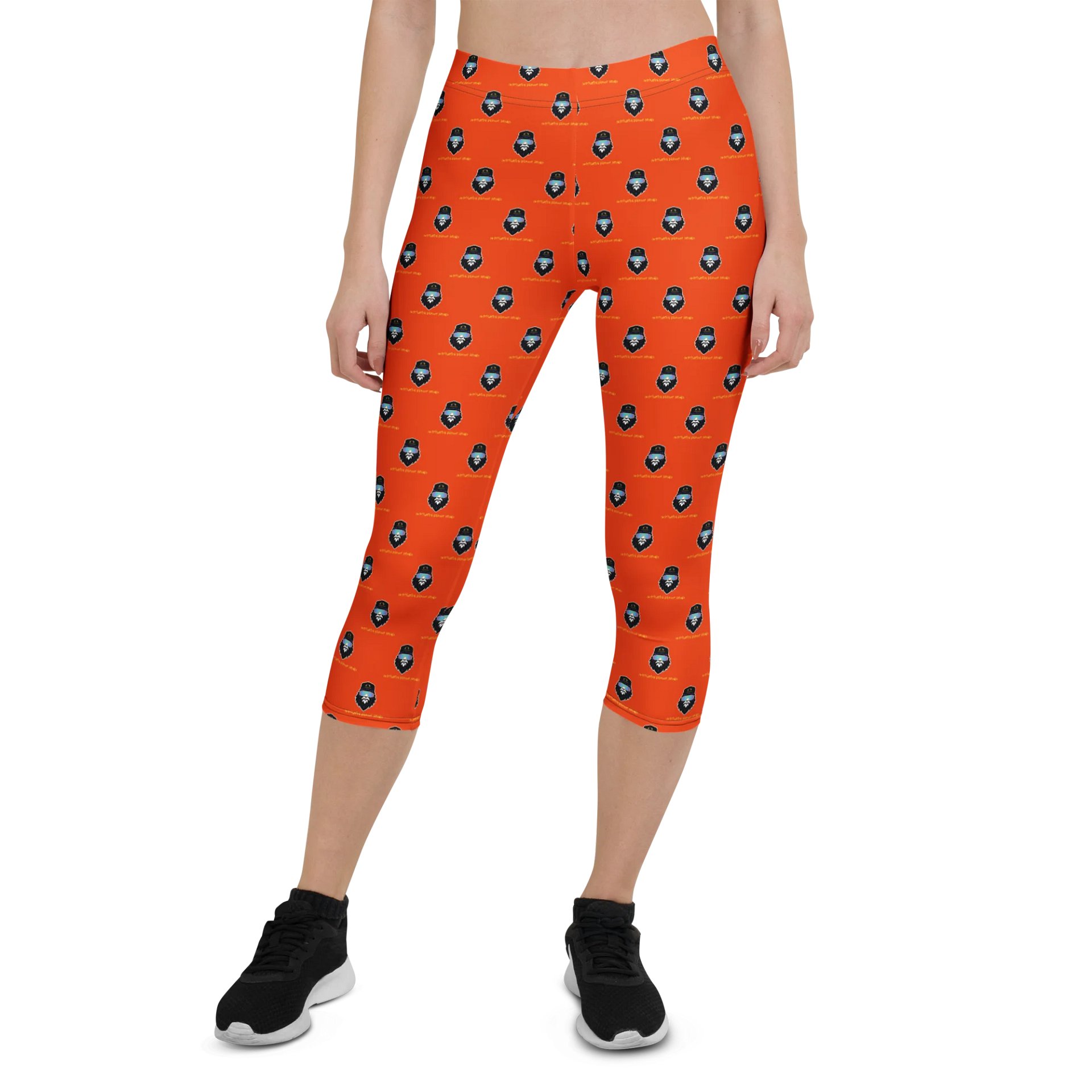 Synthsquatch Fitness Bigfoot Monogram Logo All-Over Print Capri Leggings (Neon Orange) product image (1)