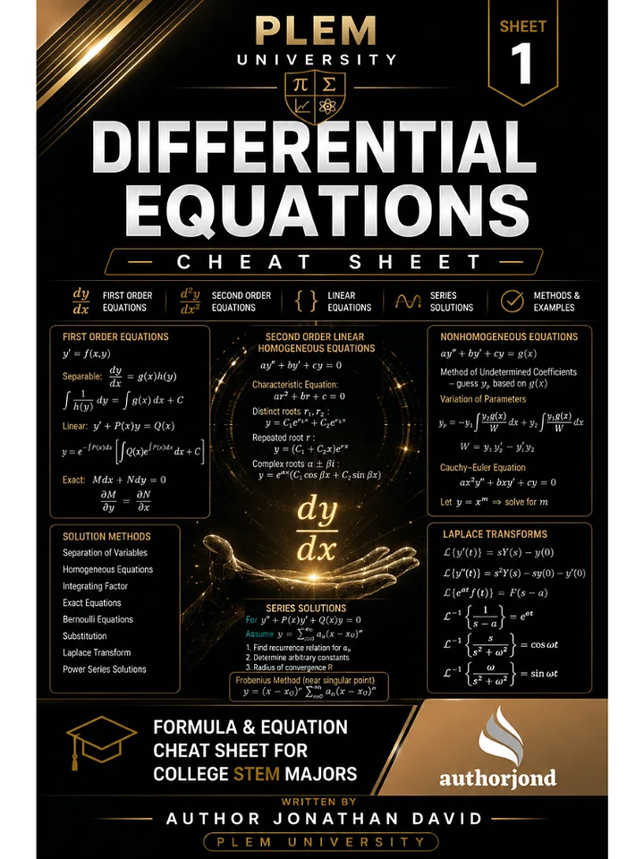 The Ultimate Cheat Sheet for STEM Majors | Differential Equations product image (1)
