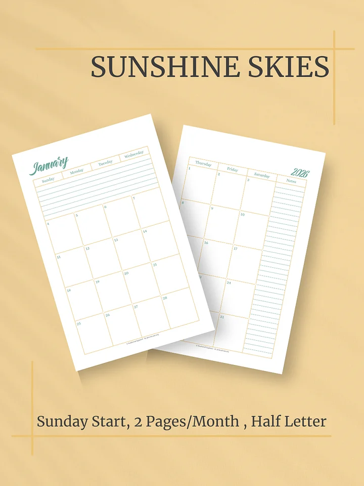 Sunshine Skies 2026 Calendar - 2 Pages per Month, Sunday Start, Half Letter Size product image (1)