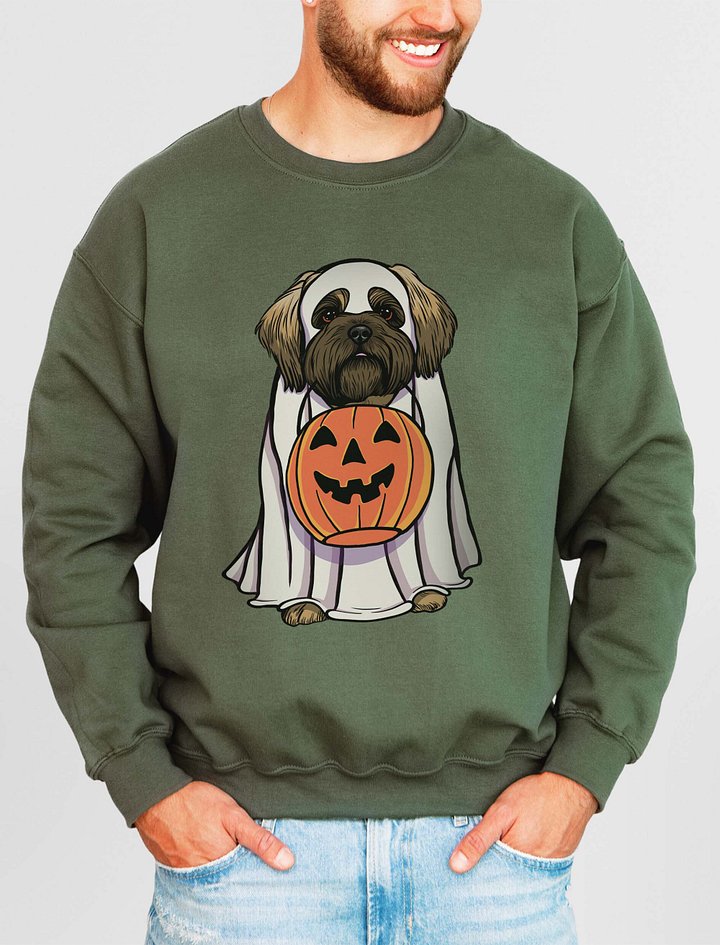Funny Halloween Shih Tzu(Brown Mask) Sweatshirt | Funny Dog Wearing a Ghost Costume and Holding a Pumpkin Basket product image (2)