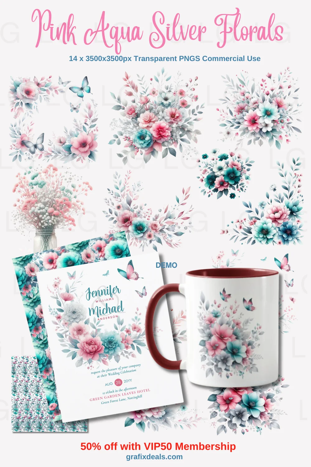 Pink Aqua Silver Floral Graphics Bundle! Commercial POD Use Clipart product image (1)