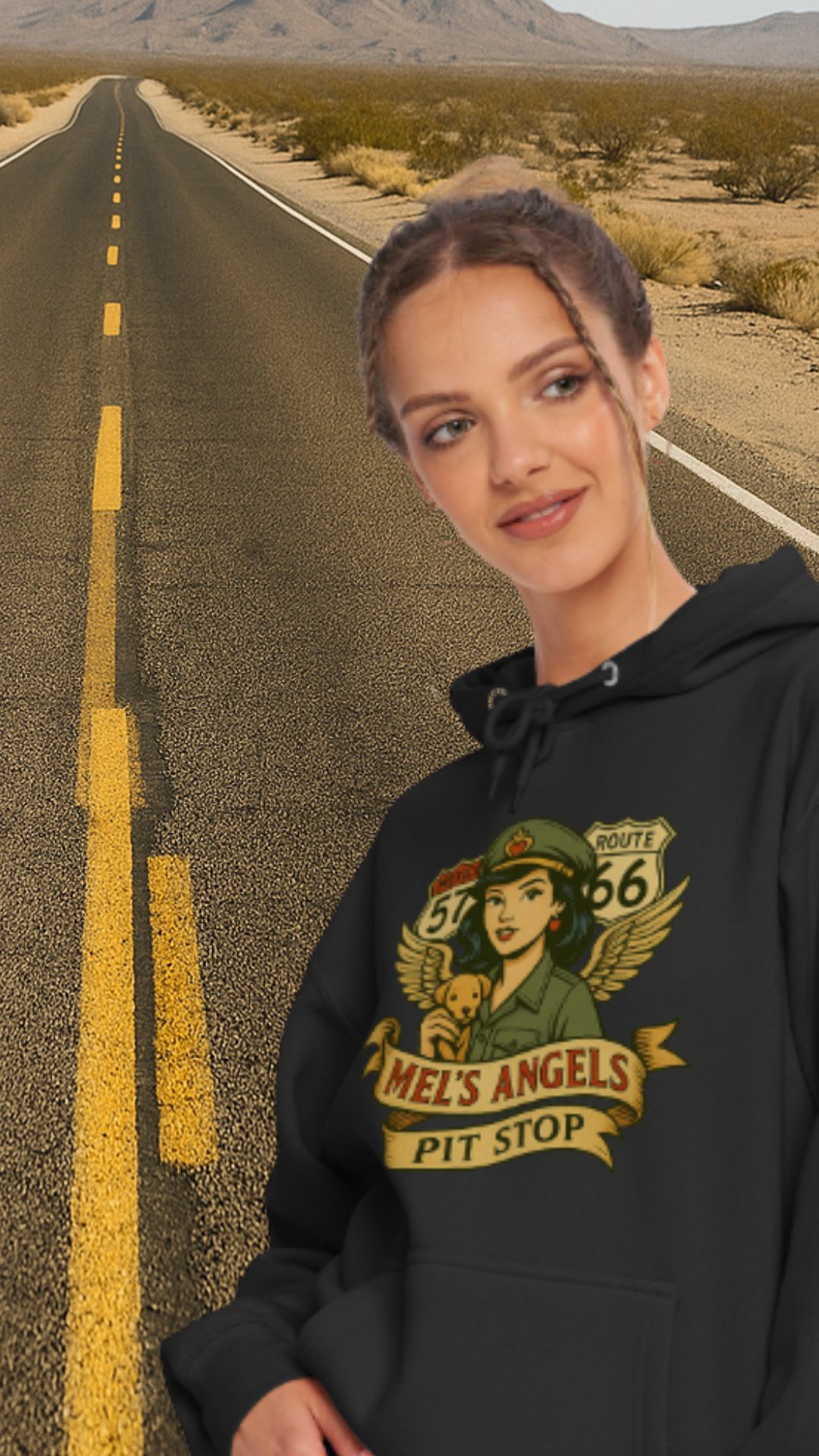 Mel’s Angels Pit Stop Hoodie – Retro Biker Pin-Up & Route 66 Graphic Sweatshirt product image (7)
