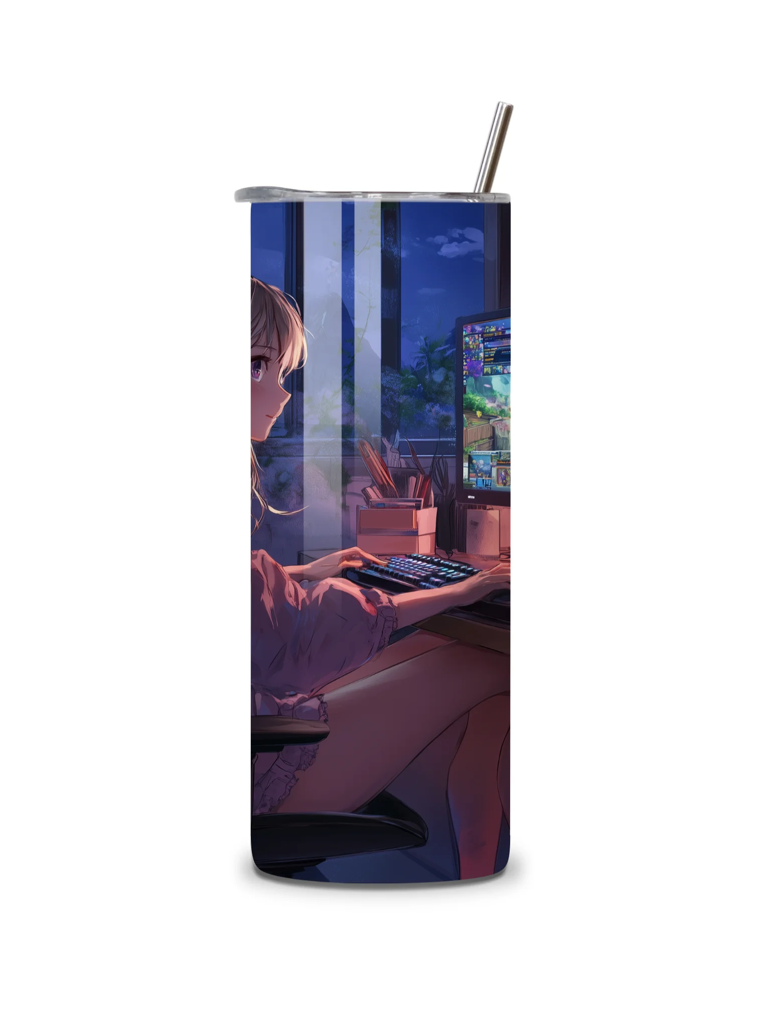 Anime Gamer Girl 20oz Skinny Tumbler with Metal Straw – Vibrant Gaming Setup Design – Double-Walled Insulated Stainless Steel Tumbler Gift for Anime and Gaming Fans (Anime Girl 1) product image (5)