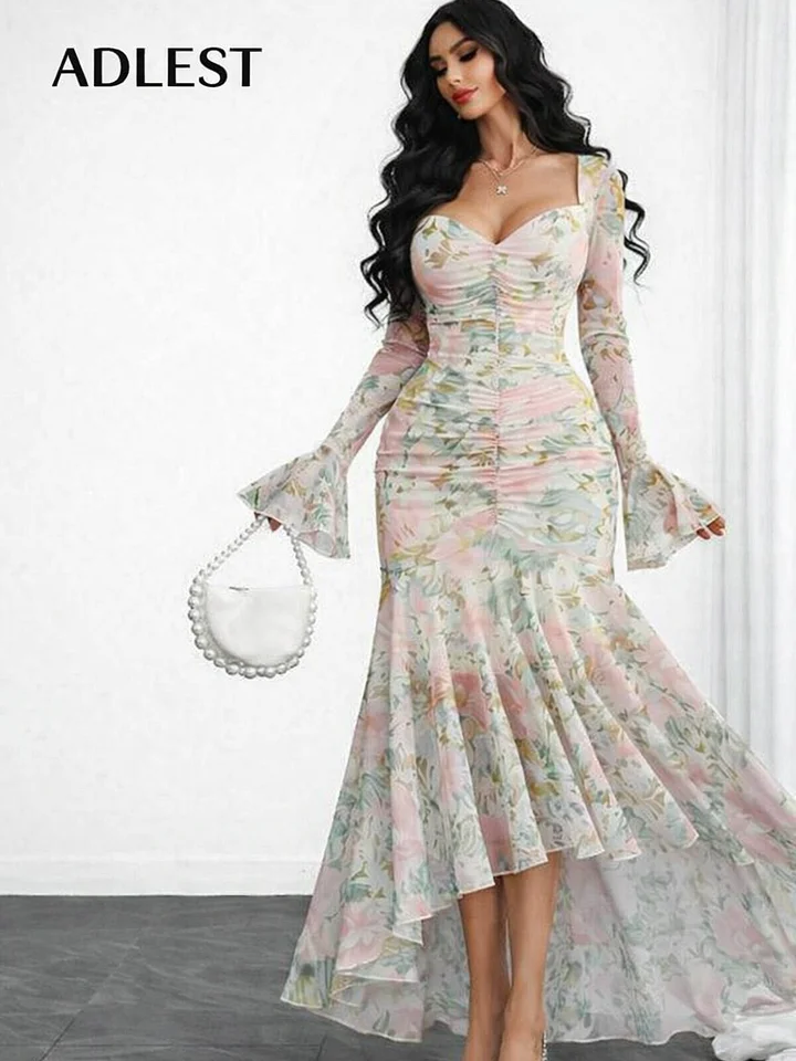 ADLEST Women's Elegant French Romantic Sexy Double-Layer Ruffle Sleeve Cinched Waist Mesh Lace Asymmetrical Dress product image (1)