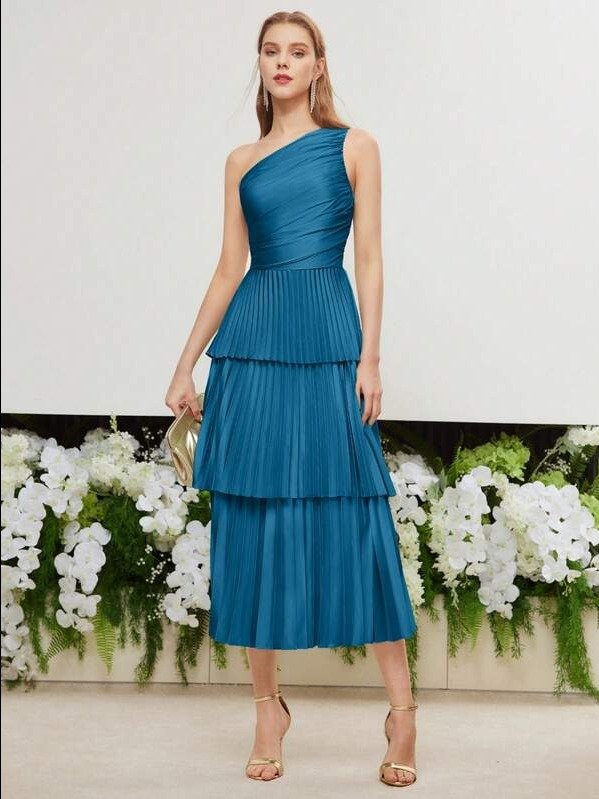 MOTF PREMIUM SOLID ONE SHOULDER RUCHED BODICE LAYERED PLEATED HEM LONG DRESS product image (1)