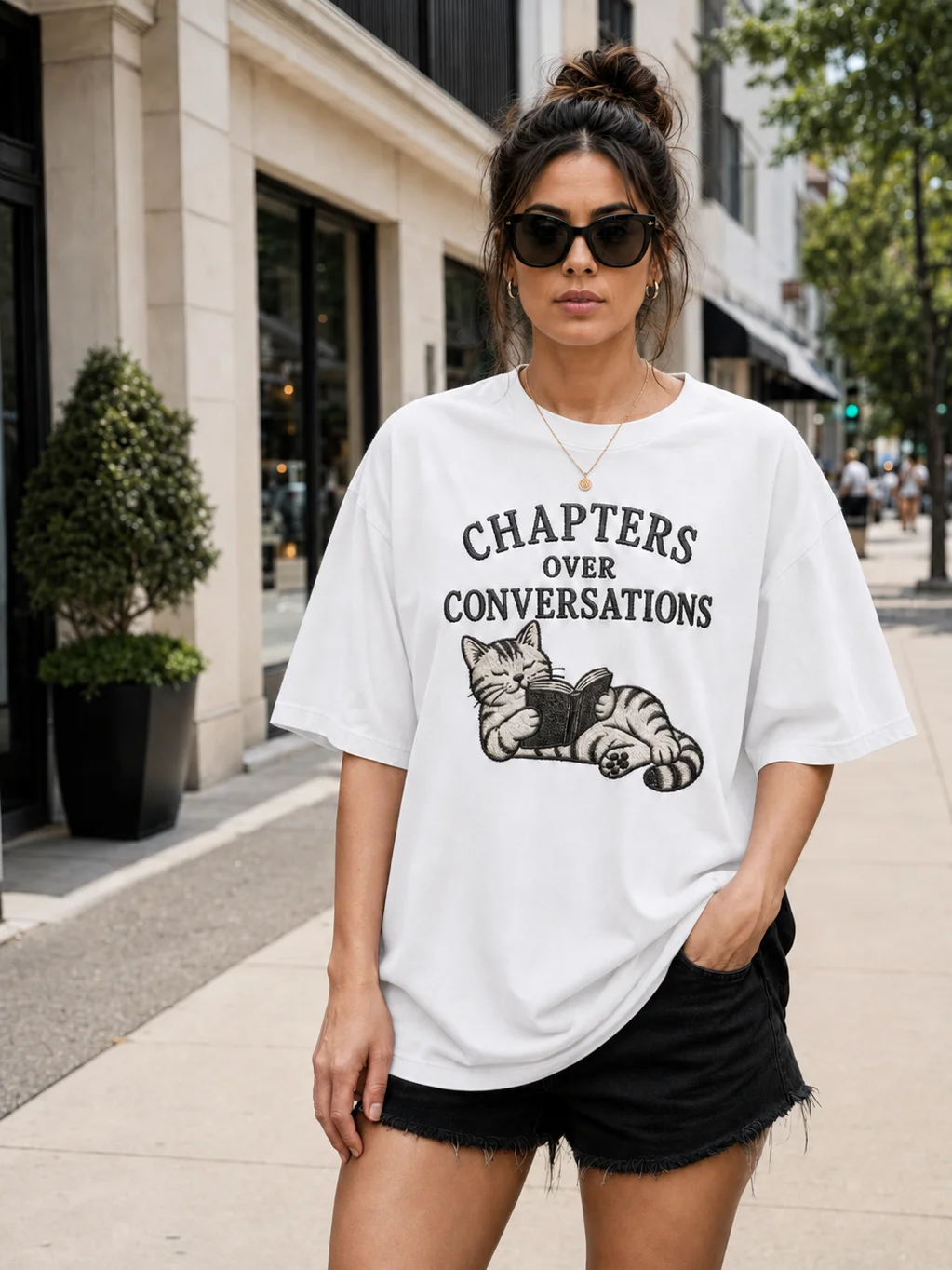Chapters Over Conversations Book Lover Cat T-Shirt product image (67)