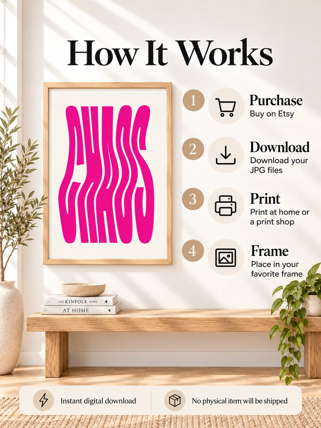CHAOS Typography Poster, Hot Pink Wavy Retro Printable Wall Art, Dopamine Y2K Decor, Funky Dorm Bedroom Digital Download product image (4)