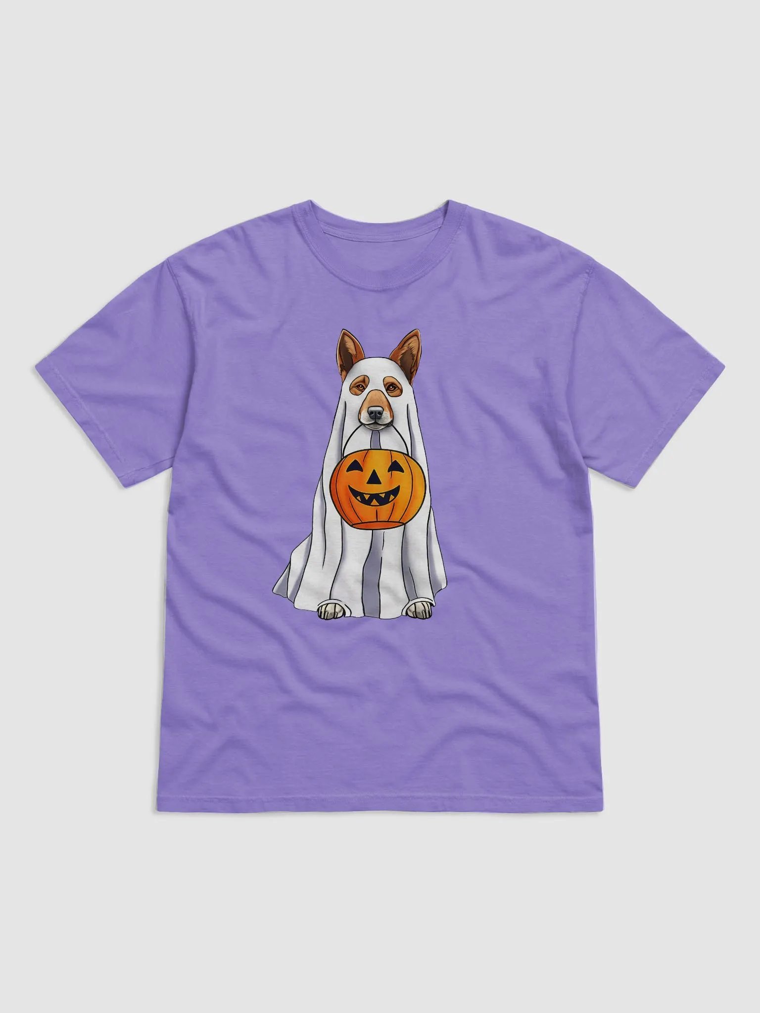 Australian Cattle Dog Halloween Tee | Funny Halloween Red Heeler Wearing a Ghost Costume with Pumpkin Basket product image (1)