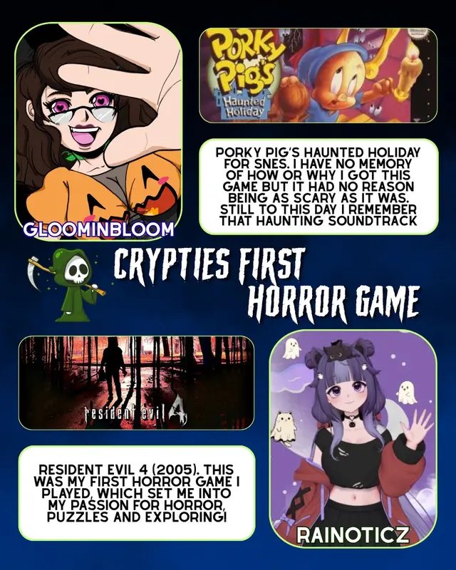 Us horror gaming fans all have that one horror game that made us fall in love with the genre. Horror is a genre that makes us face every day fears. It’s also always been a very inclusive media genre that speaks for those that may not have the courage to speak for themselves. What was your first horror game? Why do you love horror games so much? 🪦 FEATURED CRYPTIES:  @Gloominbloom  @Rainoticz  @Jess  @Kenzitronn  @thedantelu🍉  @Sumi  @twitch.tv/pressxtojason_  @|| LilMissKME II  @The Nerd Lys  @TheYorkshirePirate  @Master of Puns  @Amity ✨ twitch streamer  #fyp #horror #gaming #horrorgames #indiegames 