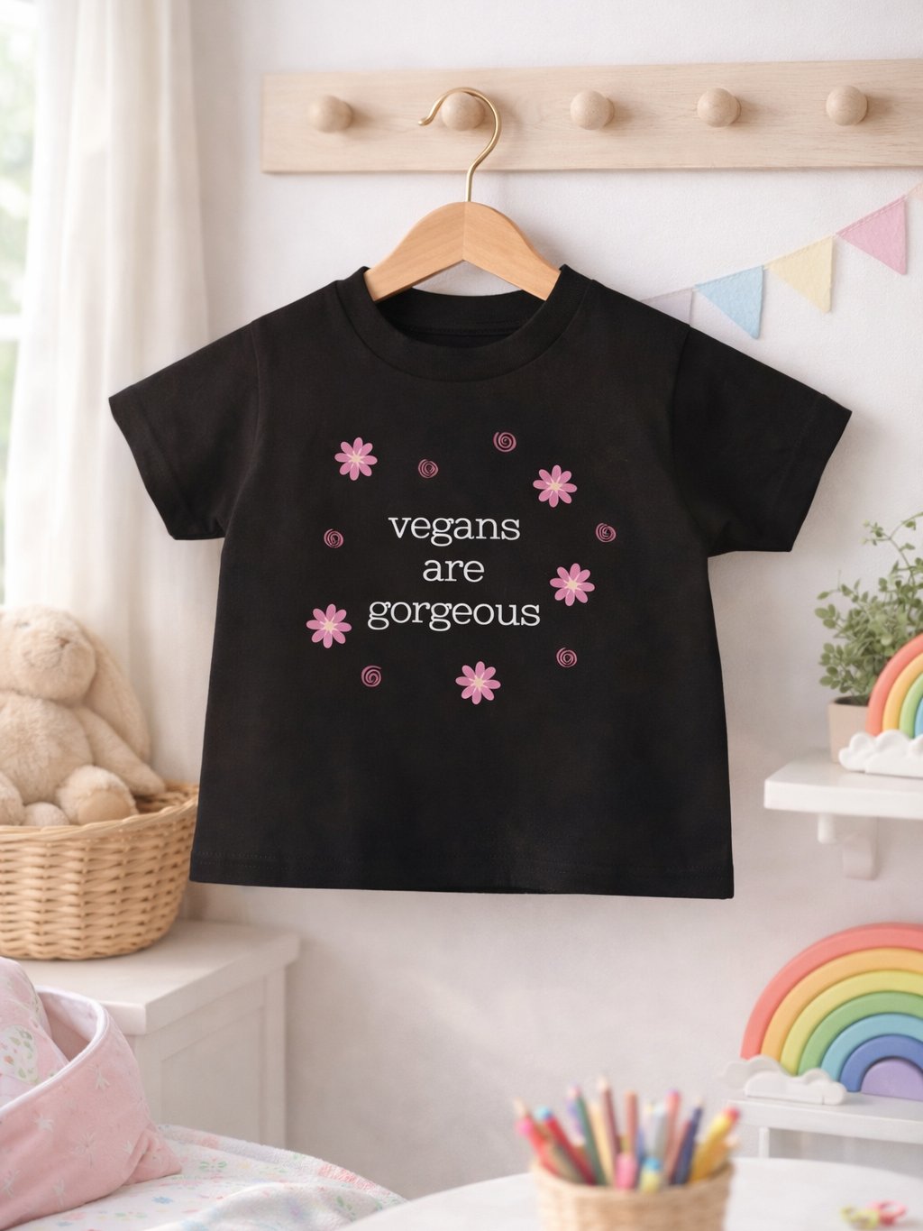 “Vegans Are Gorgeous” Black T-Shirt for Kids product image (1)