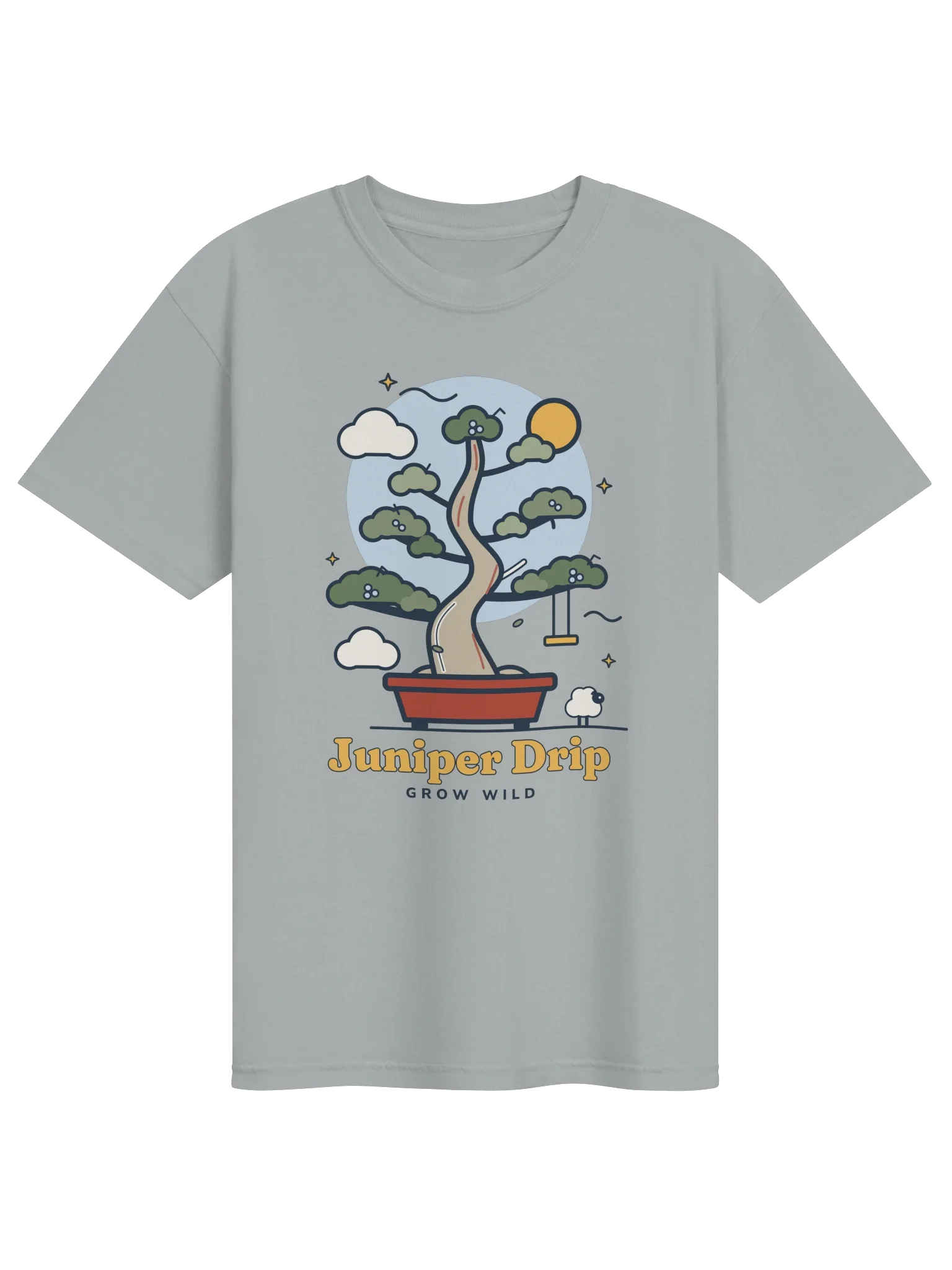 Wild Juniper Tee in Granite: a juniper bonsai tree with a rope swing and a tiny sheep