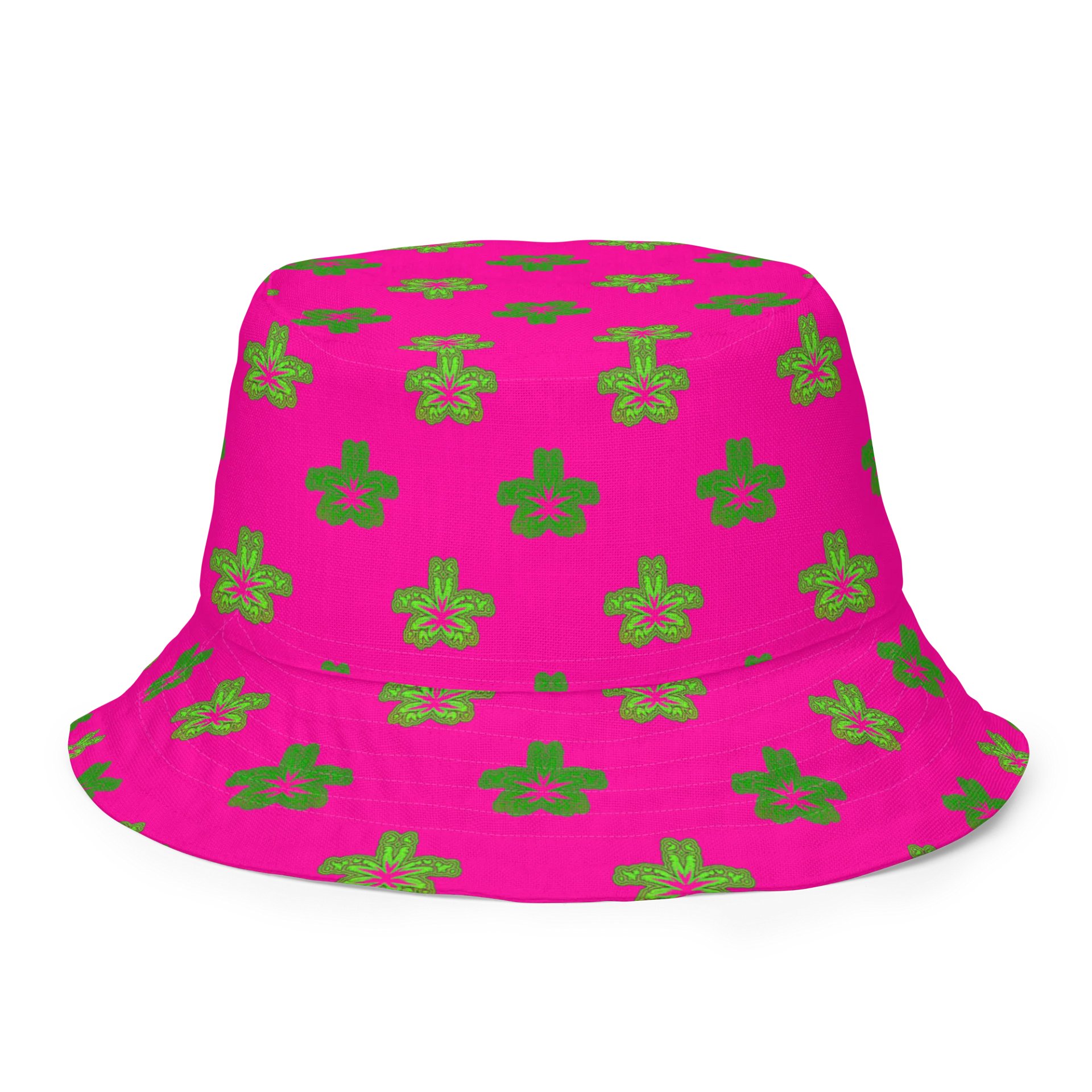 Clowny Cannabis 420 Flower Reversible Bucket Hat, Stoner Circus Weed Art, Hot Pink Green Purple Pot Leaf Pattern 420 Fashion product image (5)