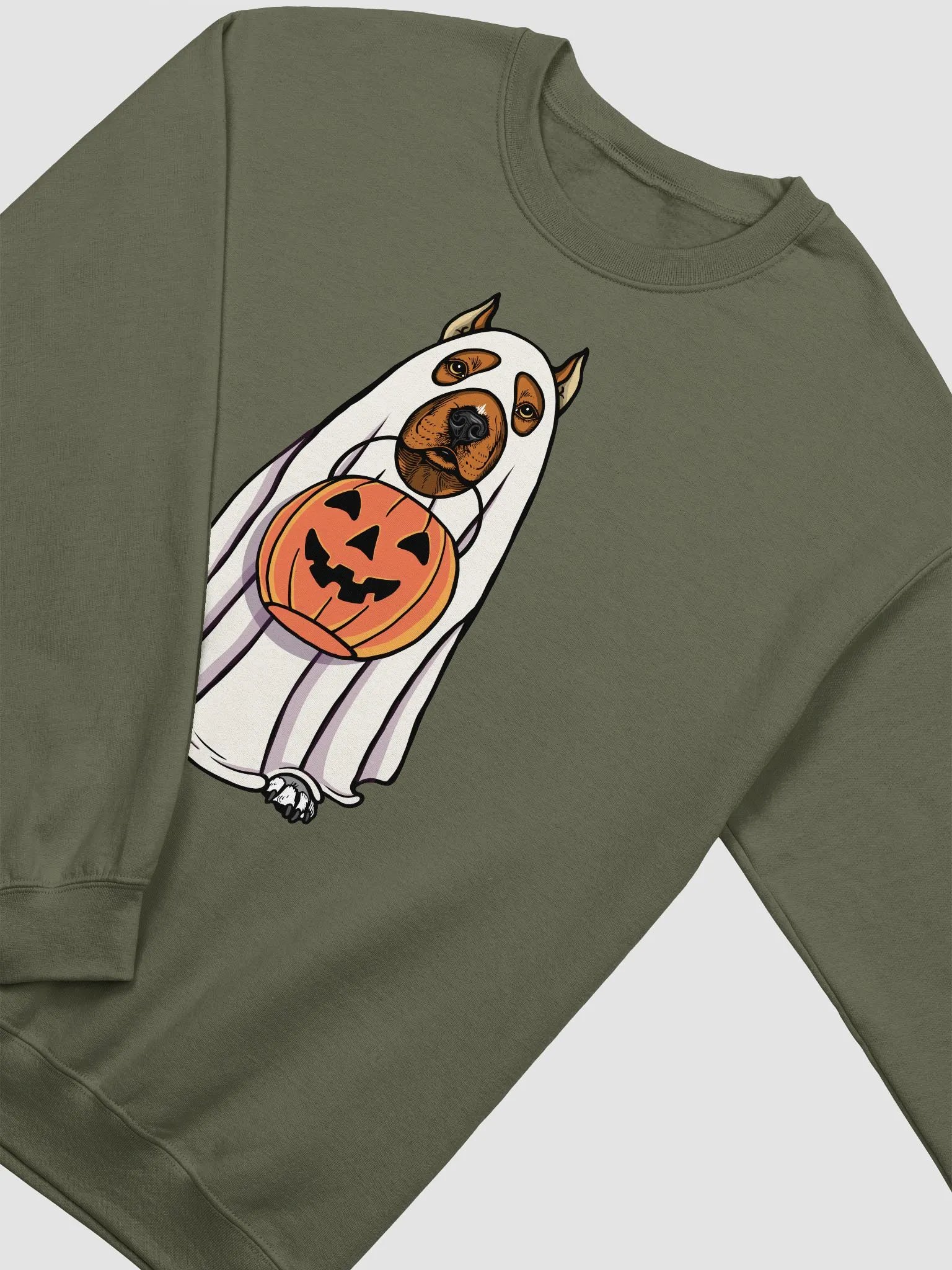 Funny Halloween Pitbull Terrier(Cropped Ears, Red) Sweatshirt | Funny Pittie Wearing a Ghost Costume and Holding a Pumpkin Basket product image (4)