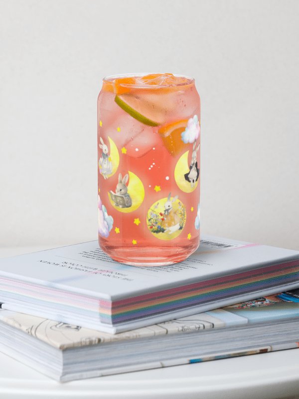 Bunny on the Moon Glass Sipper Can with Bamboo Lid & Straw – 16 oz | Whimsical Rabbit-Themed Can Glass | Cute Moon & Stars Design | Perfect for Iced Coffee, Smoothies, and More product image (6)