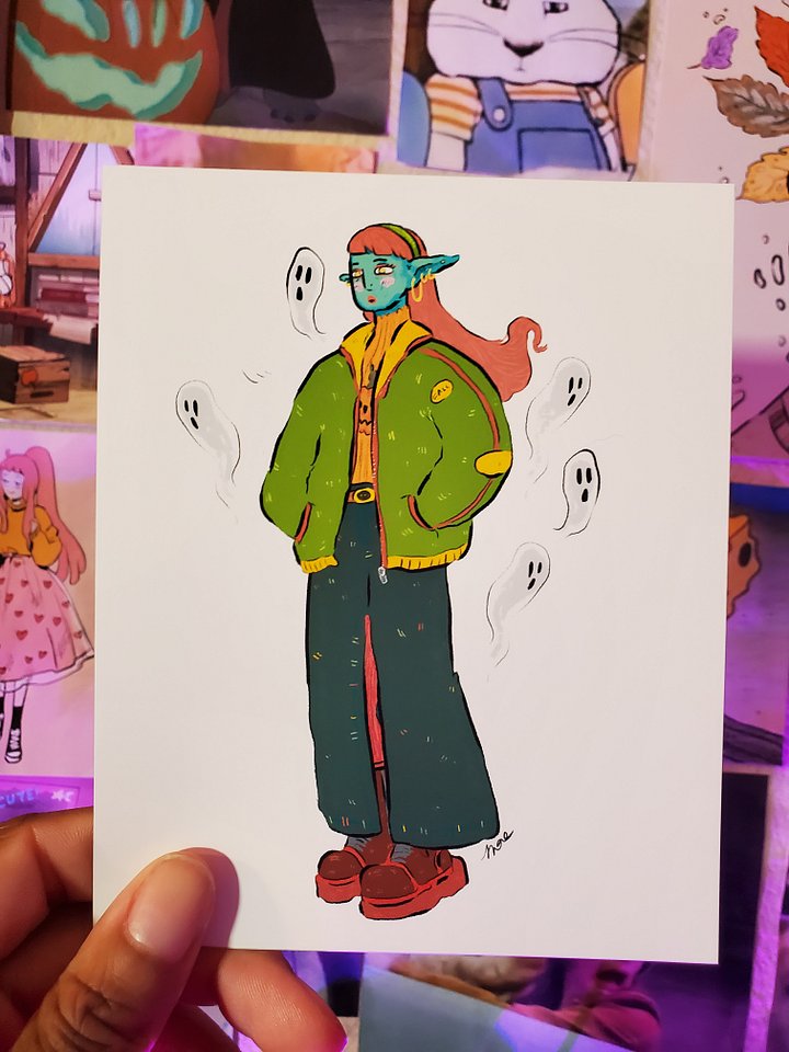 Bee (a Whimsy Cute Introvert Goblin) Staring into the Abyss with her Boos - Goblin Art Print product image (1)