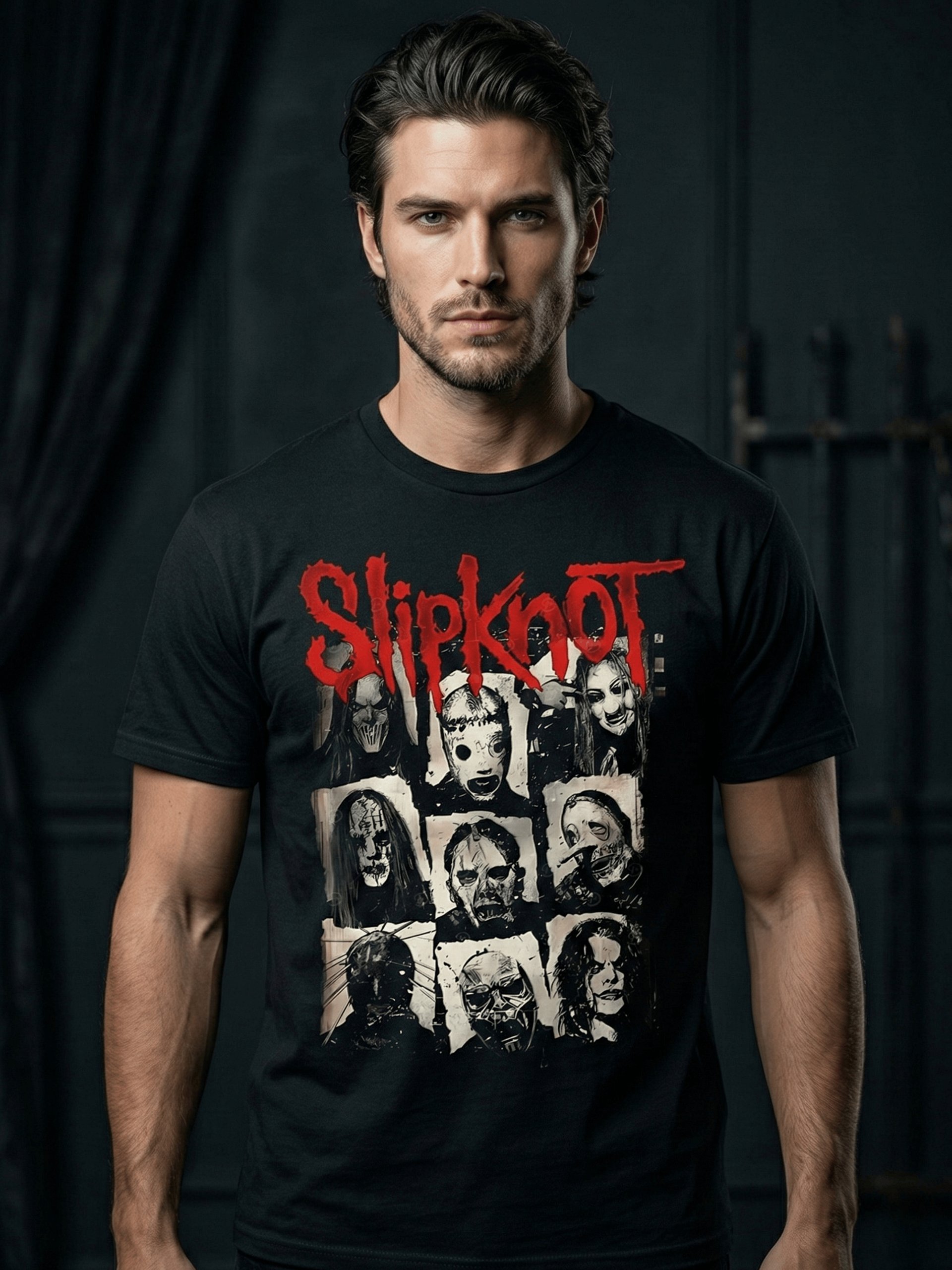 Slipknot Nine Members Mask T-Shirt | Dark Art All-Band Portrait | Nu-Metal Collector Graphic Tee product image (9)