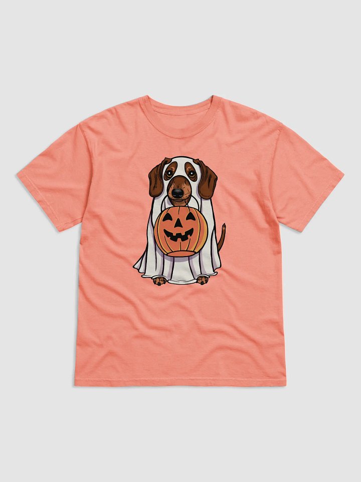 Funny Halloween Dachshund(Red) T-Shirt | Funny Doxie/Wiener Wearing a Ghost Costume and Holding a Pumpkin Basket product image (1)