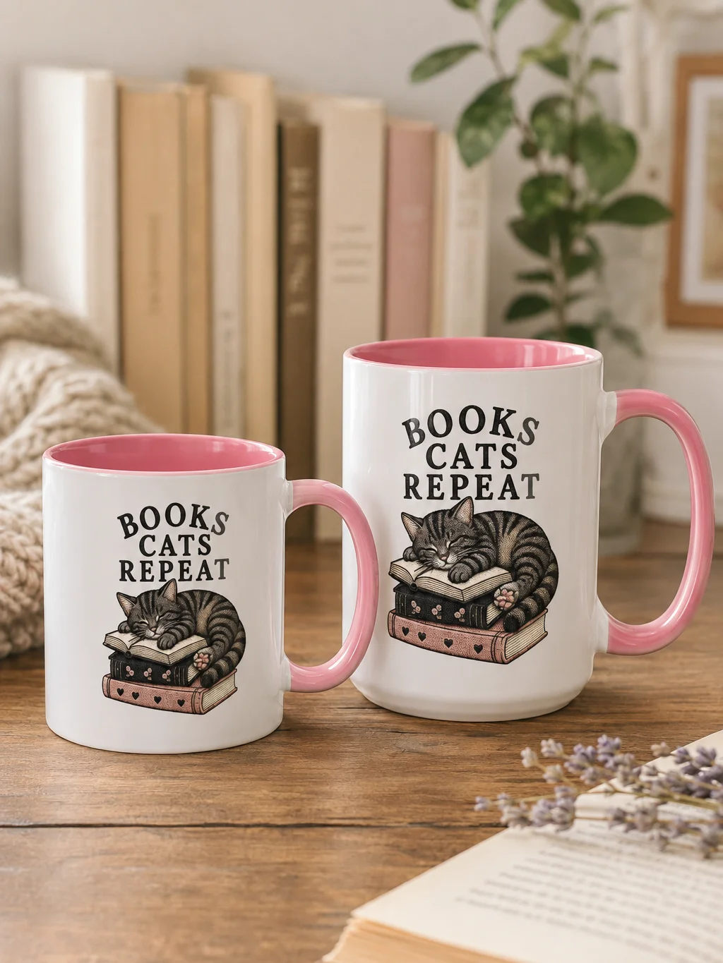 Books Cats Repeat Mug | Book Lover Gift for Cat Lovers product image (2)
