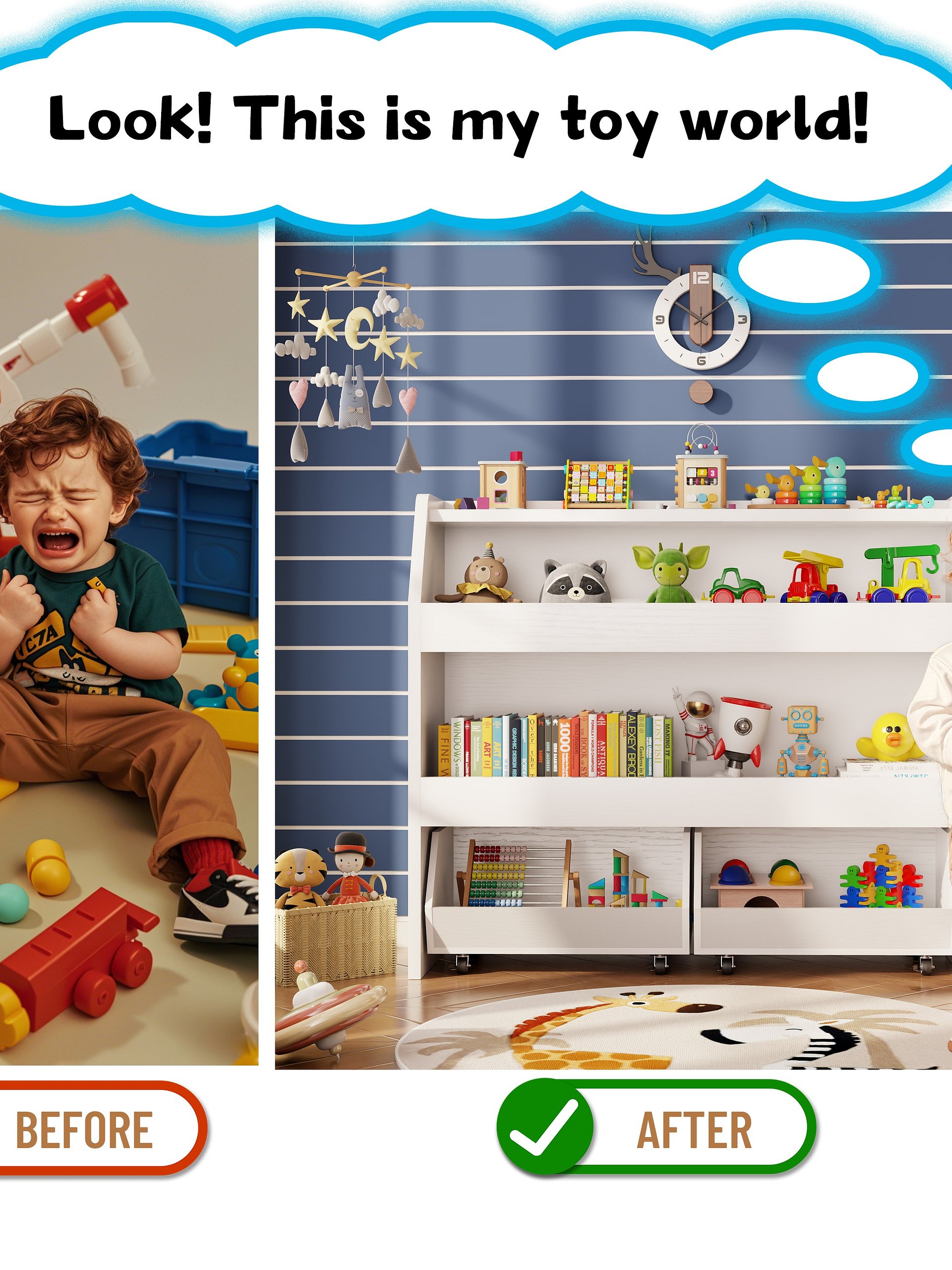 3-Tier Portable Toy Storage, Kids Toy Organizer W/2 Removable Bins with 4 Wheels（White) product image (9)