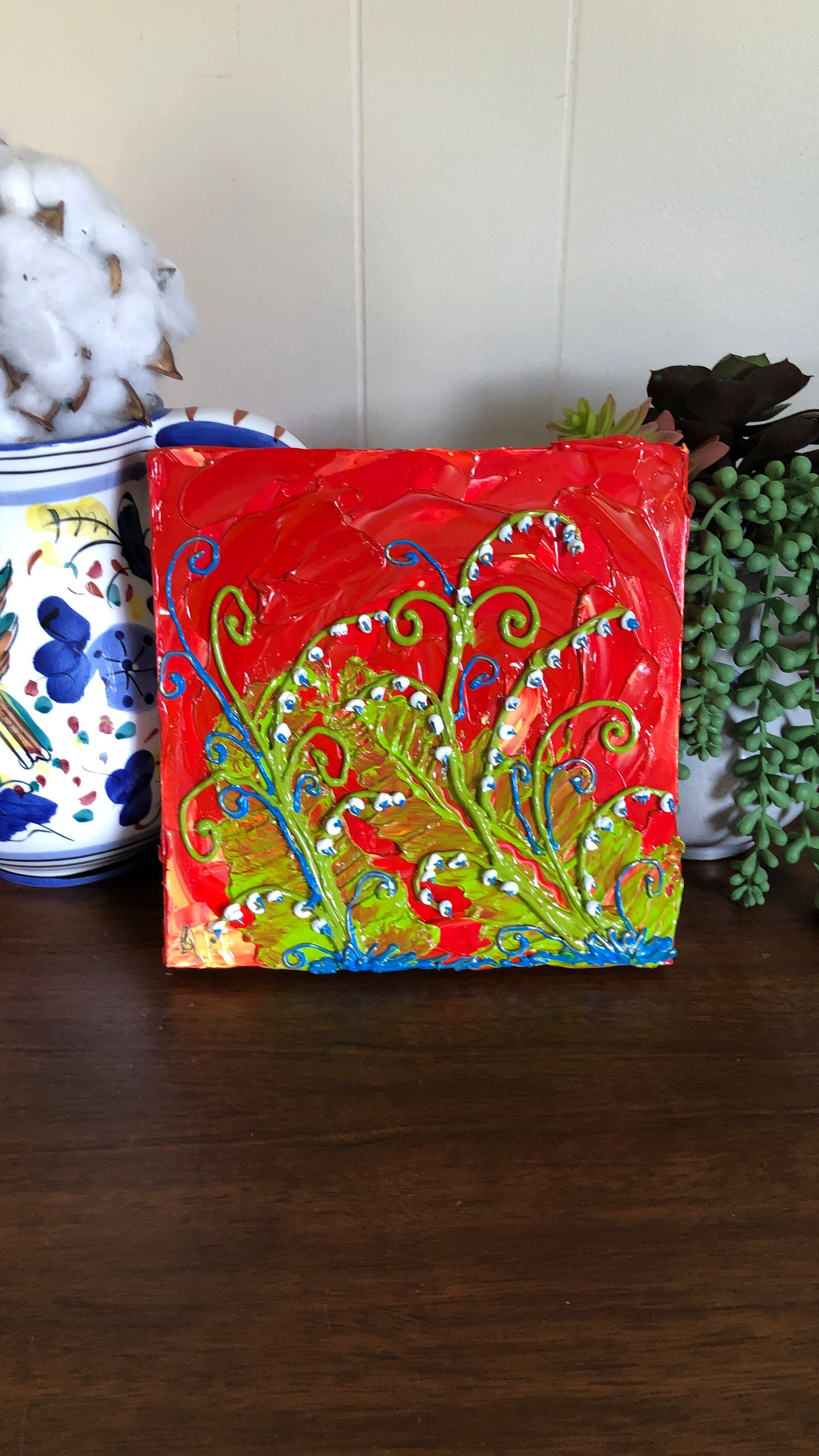 "Lily of the Valley Fantasy Sunset" 8"x8" birch panel Impasto painting- bright, glowing colors product image (1)