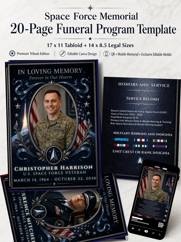 U.S. Space Force Funeral Obituary Program Template | 20-Page Editable Canva Memorial with Mobile Tribute product image (1)