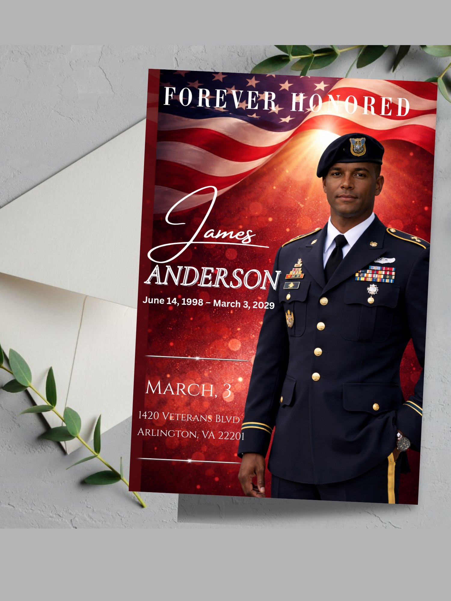 Military Veteran & First Responder Funeral Obituary Template, 8-Page Red Patriotic Canva Layout with QR Code product image (4)