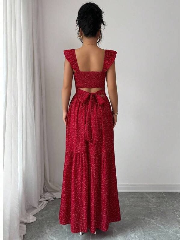 ADLEST French Elegant Casual Vacation Square Neck Lotus Leaf Flying Sleeves Polka Dot Print Texture Plaid Woven Chiffon Material Back Tie Pleated Large Skirt Spring And Summer Red Women Dress Summer product image (7)