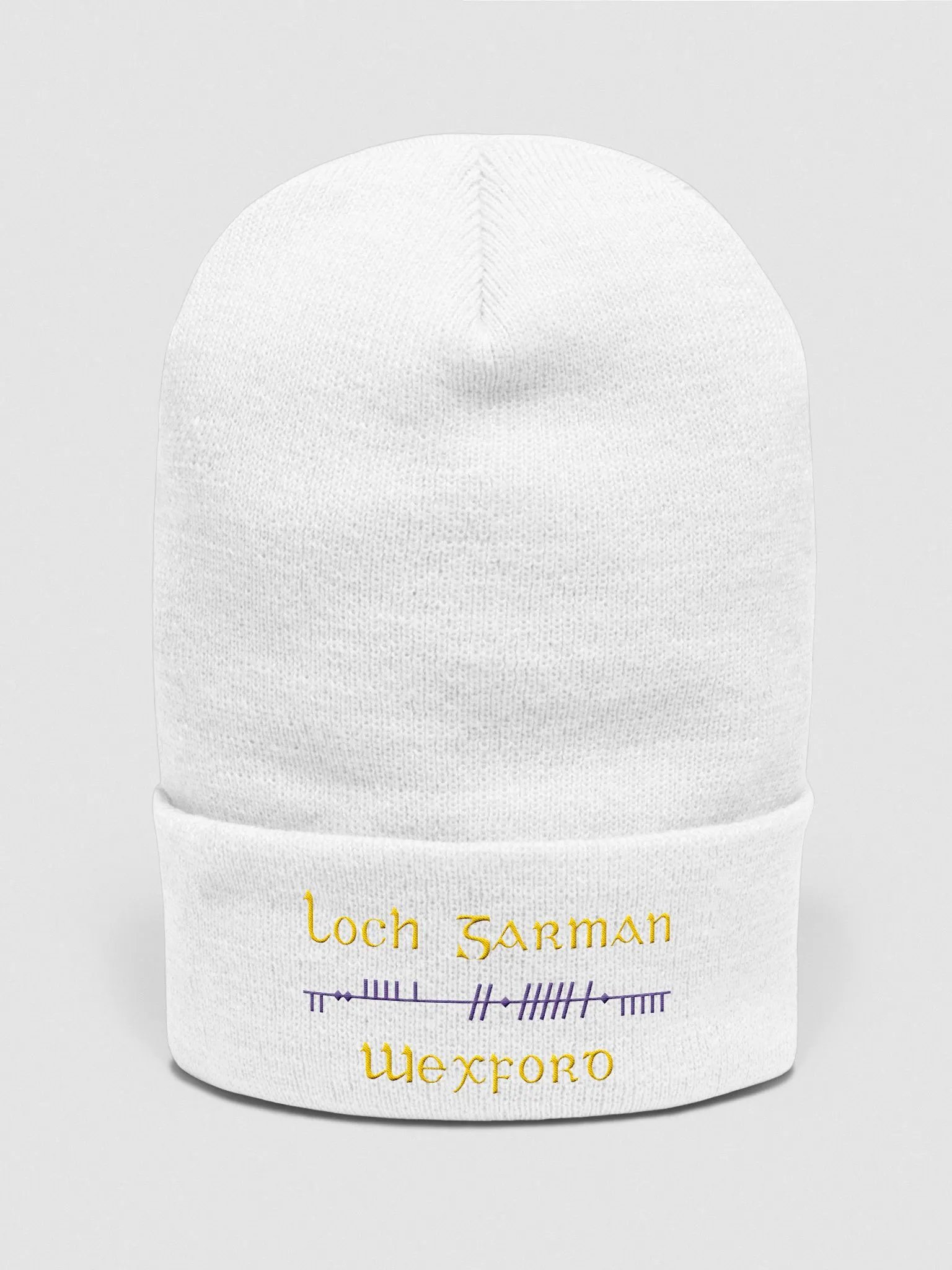 Wexford/Loch Garman, Scholastic style Ogham, white with purple and yellow, embroidered Cuffed Beanie product image (1)