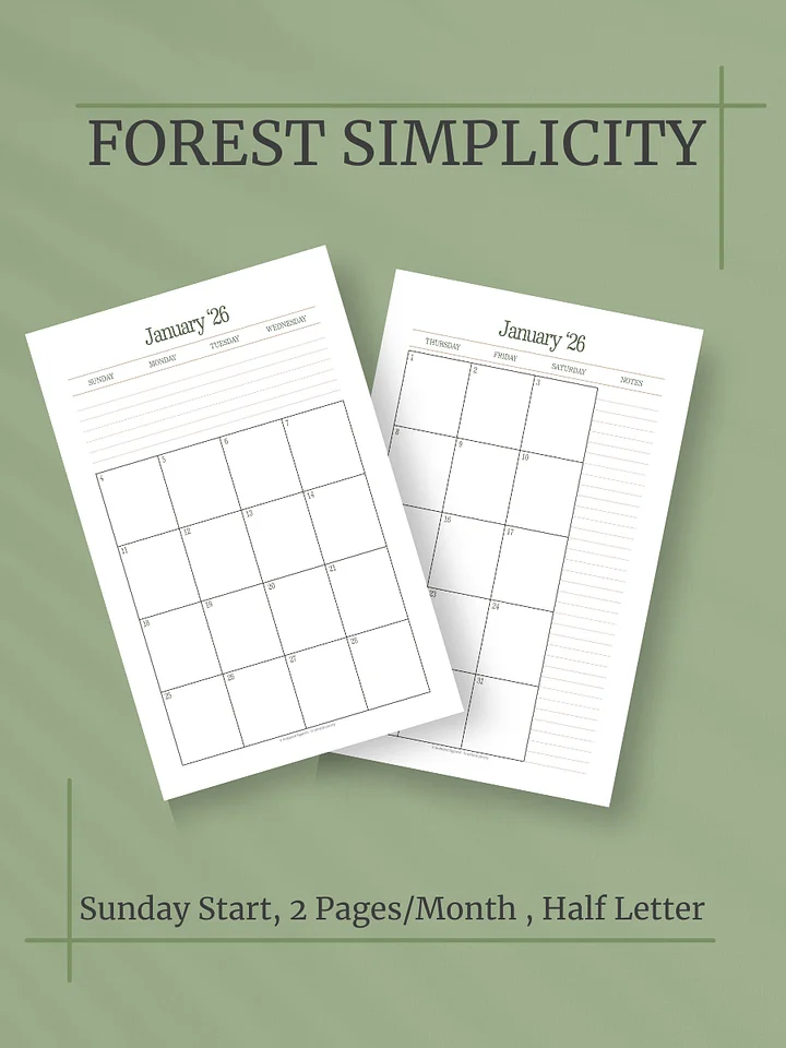 Forest Simplicty 2026 Calendar - 2 Pages per Month, Sunday Start, Half Letter Size product image (1)