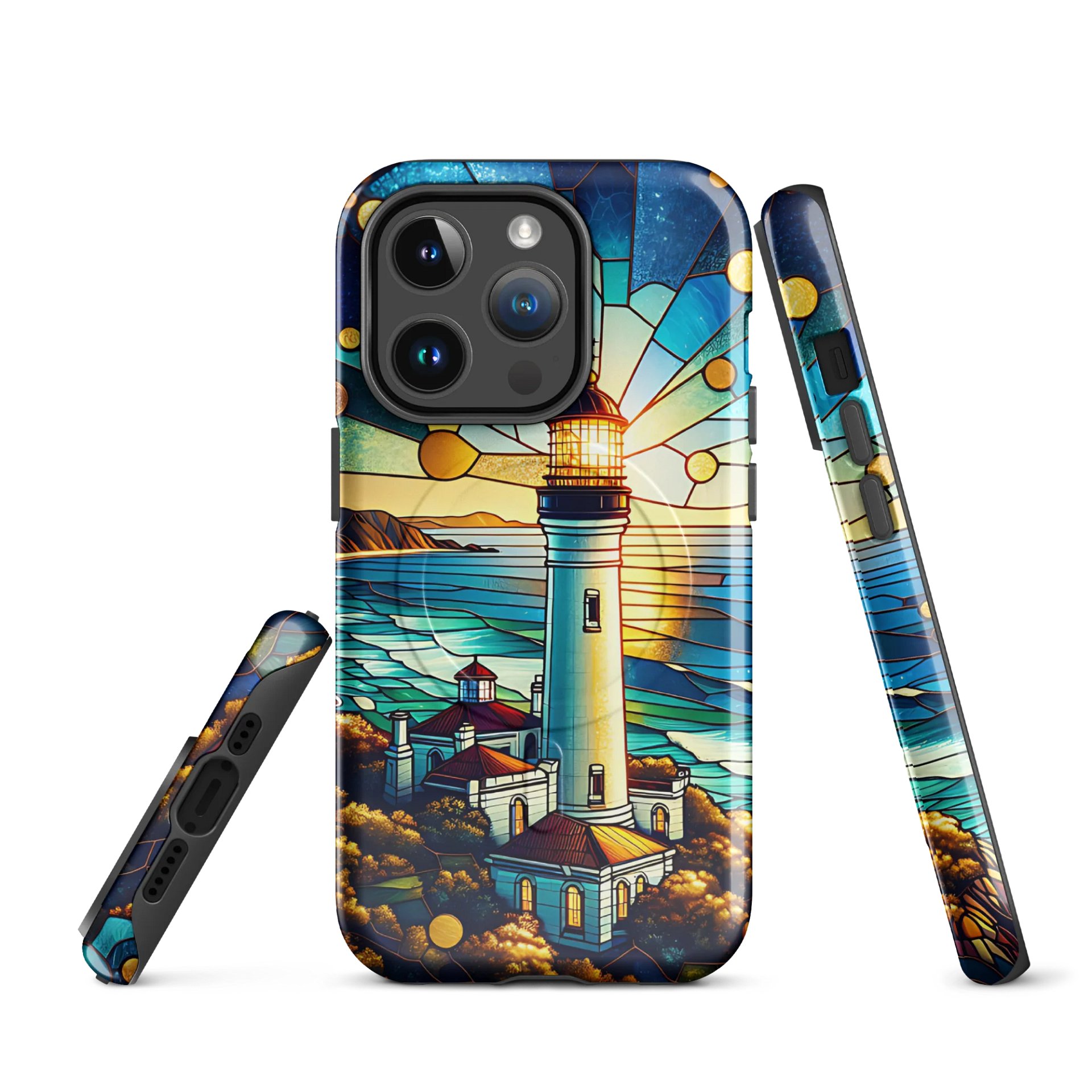 Coastal Lighthouse Stained Glass Tough Magnetic MagSafe® iPhone® 14, iPhone 15, iPhone 16, iPhone 17, Pro, Pro Max, Plus Cases. product image (1)