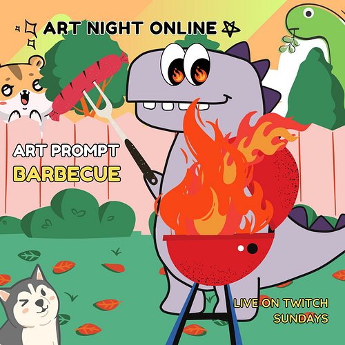 It's Sunday so we play #tunes and make #art! Join us on #Twitch NOW! Today your prompt is #Barbecue! Art by the amazing Kingo...