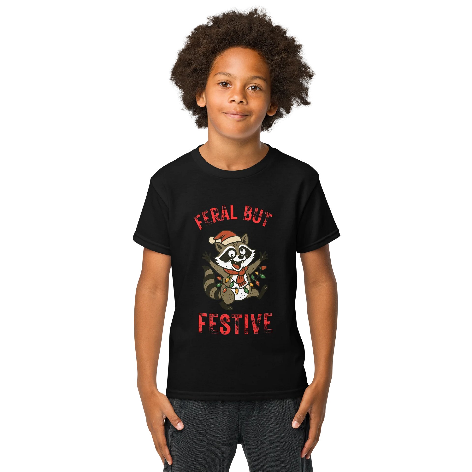 Feral but Festive Raccoon Youth Tee product image (1)