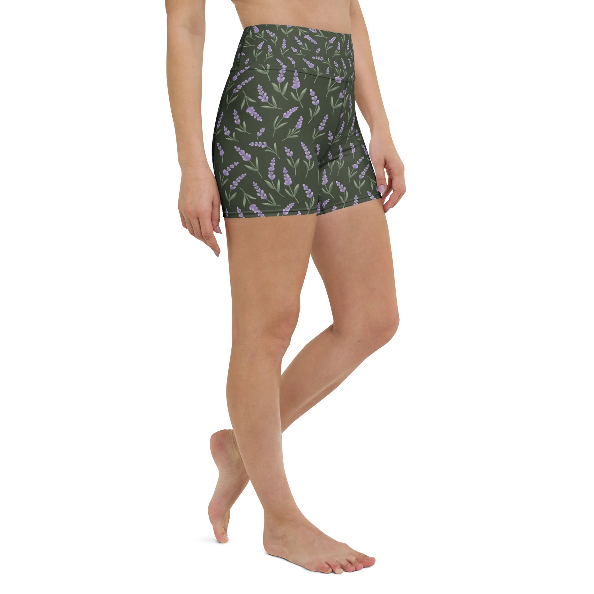 All-Over print yoga shorts with lavender pattern on green background. Eco-Friendly activewear product image (3)
