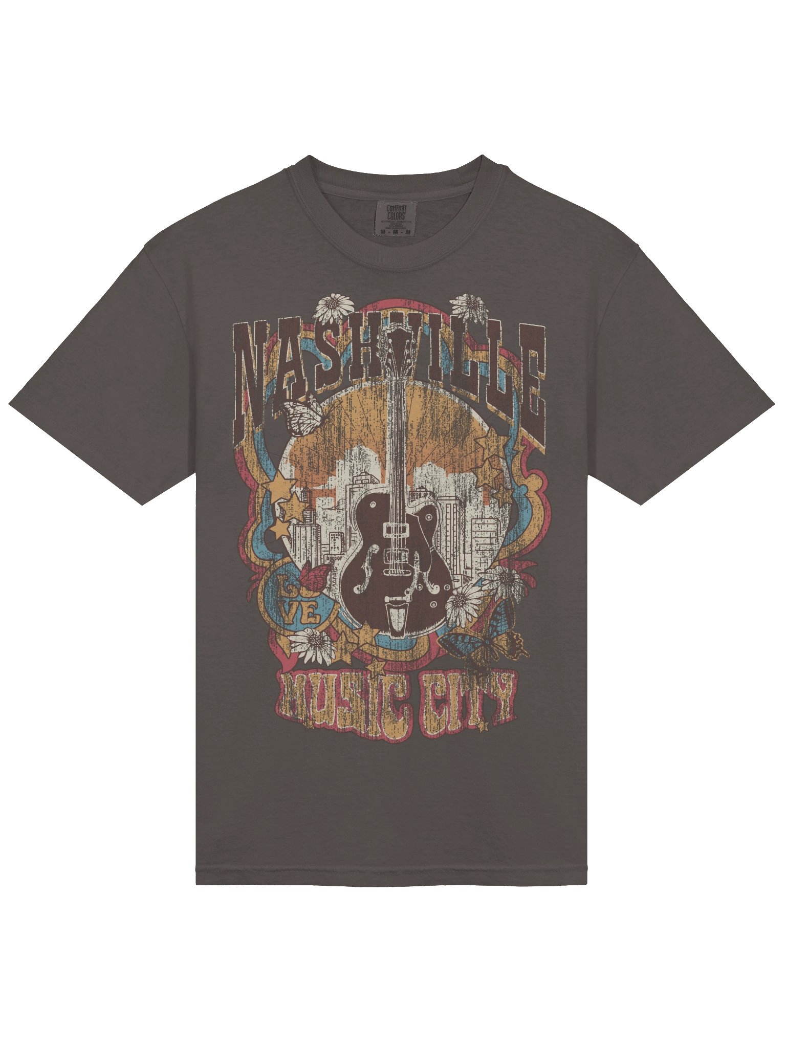 Nashville Music City Retro Guitar Shirt – Vintage Rock & Roll Butterfly Floral Design Tee product image (7)