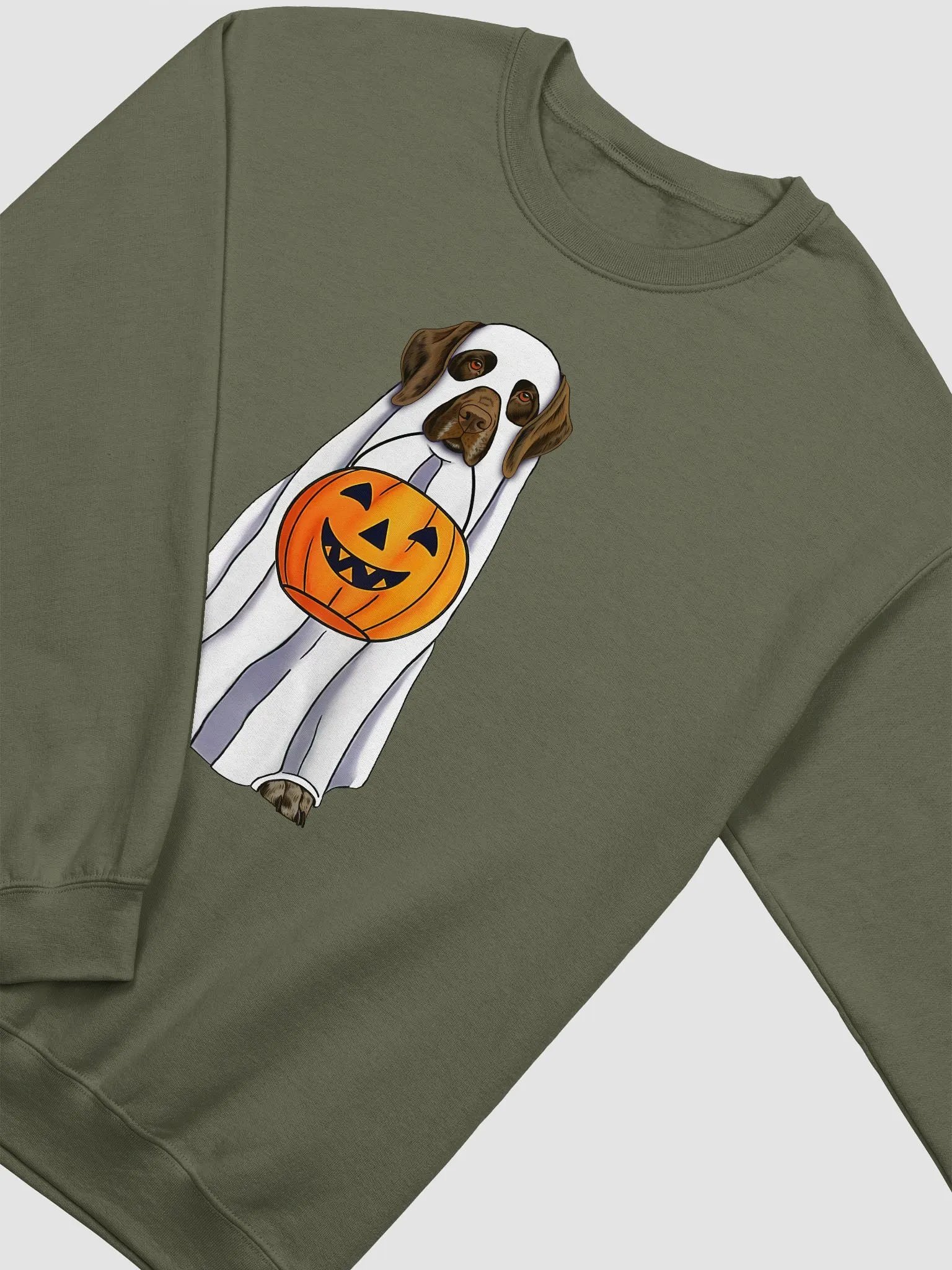 German Shorthaired Pointer (2) Halloween Sweatshirt | Funny Halloween GSP Wearing a Ghost Costume with Pumpkin Basket product image (4)