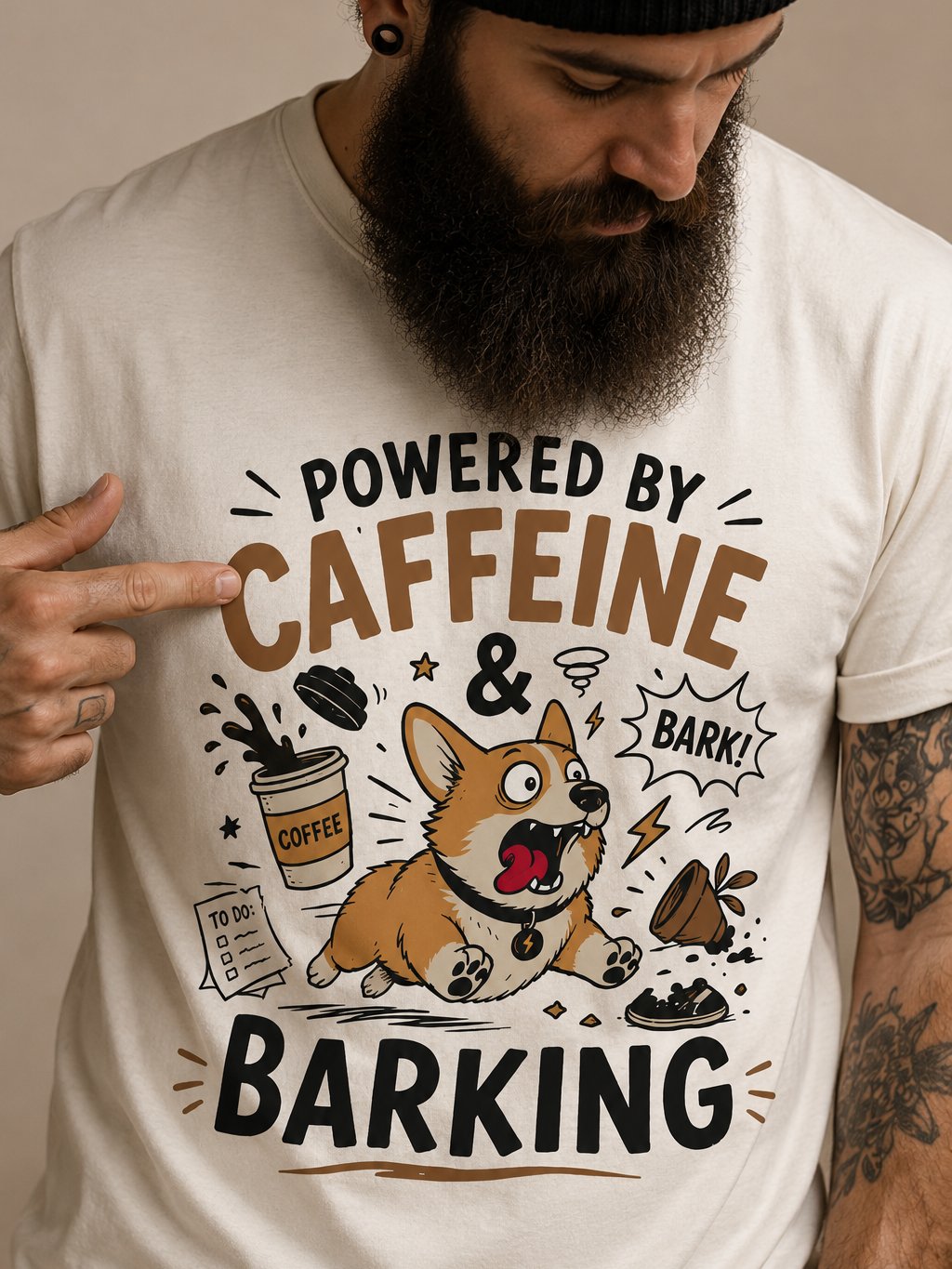 Powered by Caffeine and Barking Corgi T-Shirt | Funny Dog Lover Coffee Shirt product image (2)