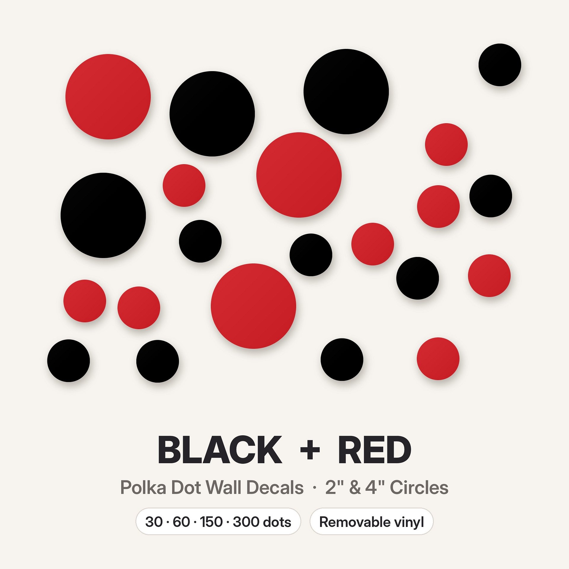 Black and Red Polka Dot Wall Decals, 2" and 4" Vinyl Circle Stickers, Removable Dot Decals for Nursery, Kids Room, Playroom product image (3)
