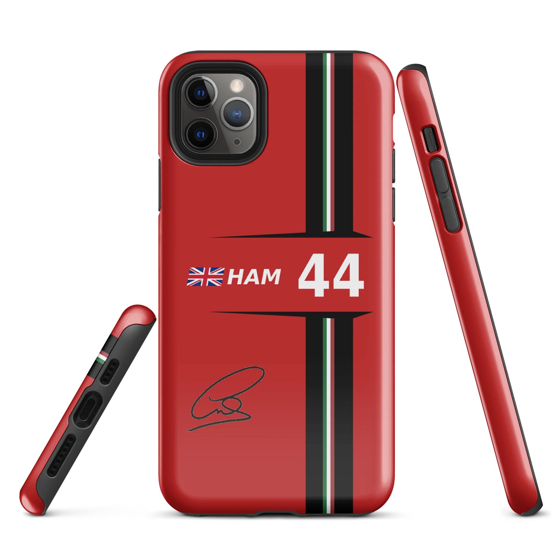 F1 Racing-Inspired iPhone Case – Red HAM 44 Design with British Flag, Signature – Slim, Shockproof & MagSafe Ready product image (1)
