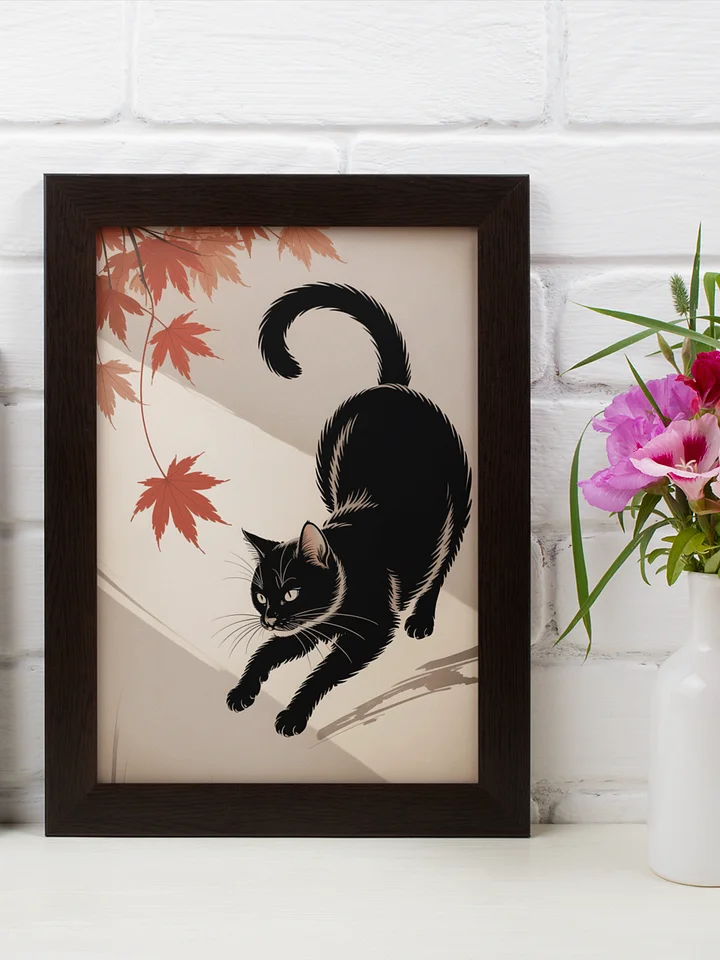 Stretching Black Cat in Autumn Framed Art Print | Japanese Ukiyo-e Style Wall Decor product image (1)