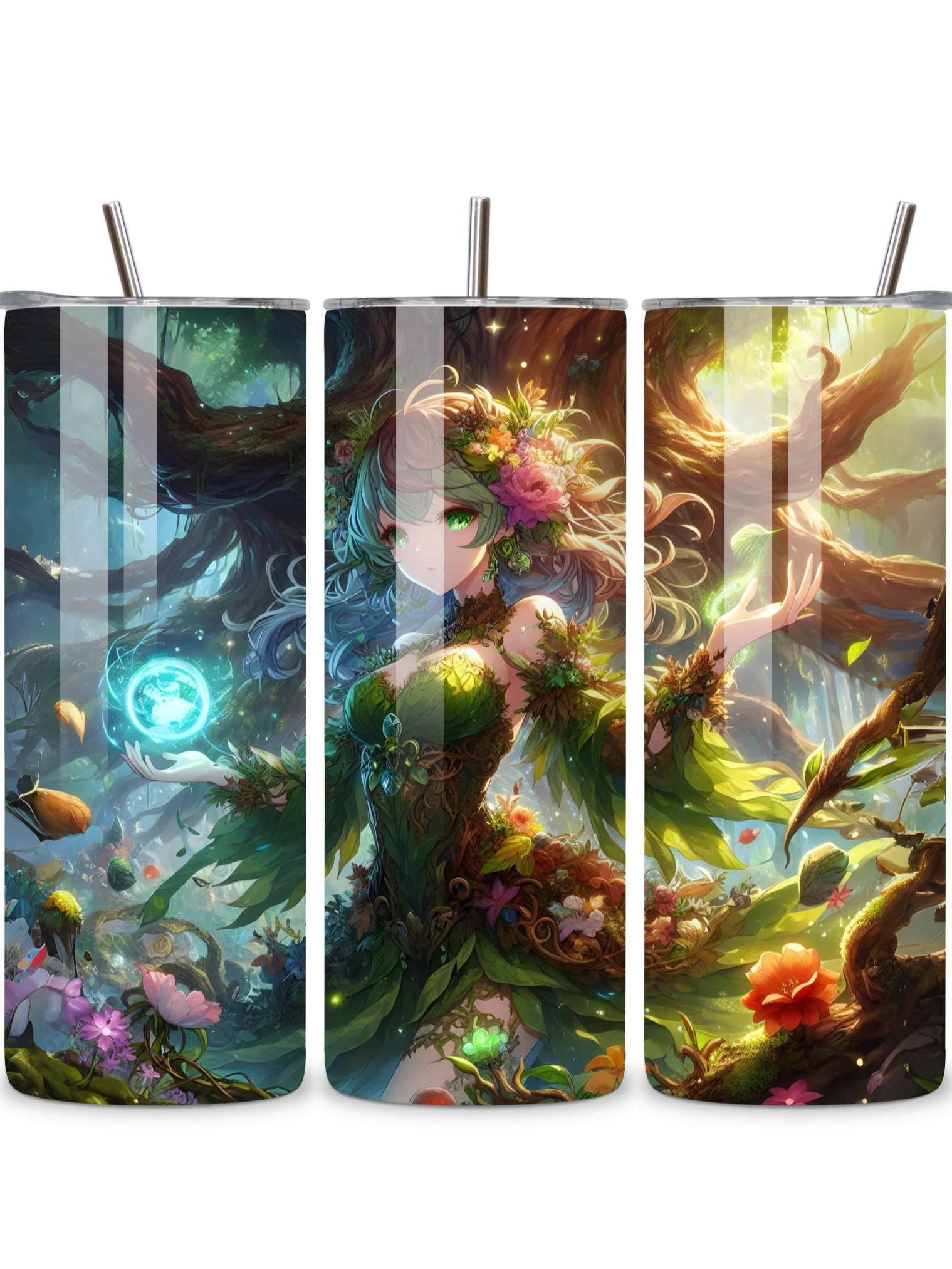 Elemental Anime Girl 20oz Skinny Tumblers with Metal Straws – Fire, Water, Earth, and Wind Designs – Double-Walled Insulated Stainless Steel Tumbler, Gift for Anime Fans and Nature Lovers (Earth) product image (1)