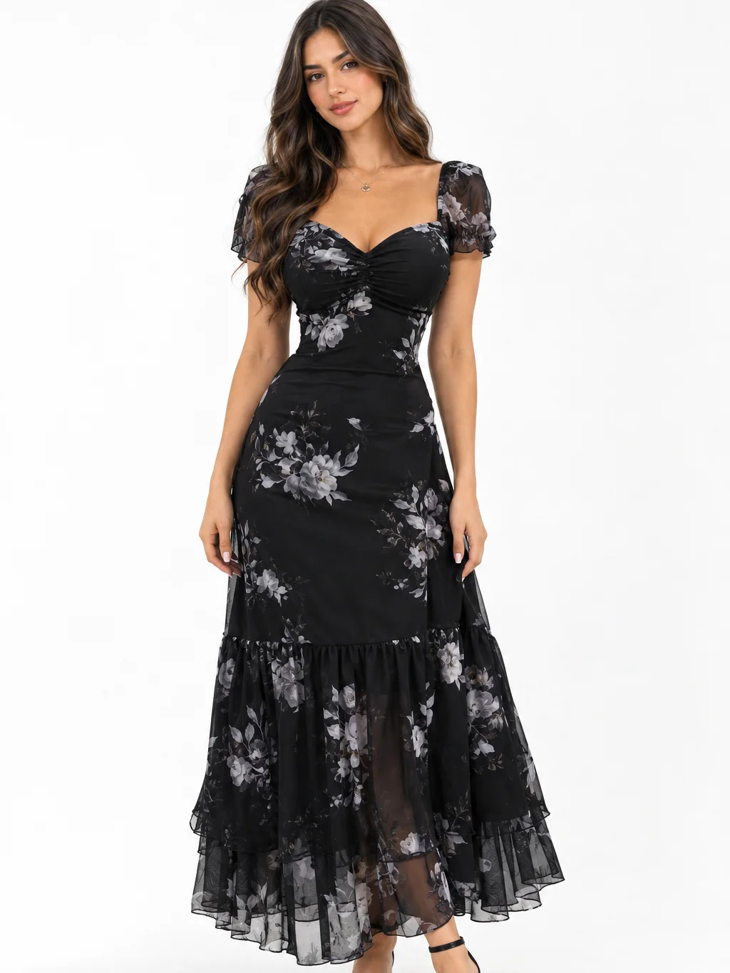 Women's Elegant Gothic Black Floral Mesh Dress, Ruffle Hem, Short Sleeve, Sweetheart Neckline, Fitted, Summer Long Dress Vacation product image (3)